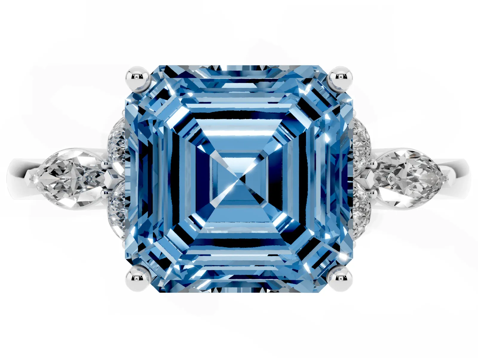 Fancy Blue Asscher Cut Brilliant Diamond Solitaire Ring with Pear Side Stones and Four-Prong Setting Platinum