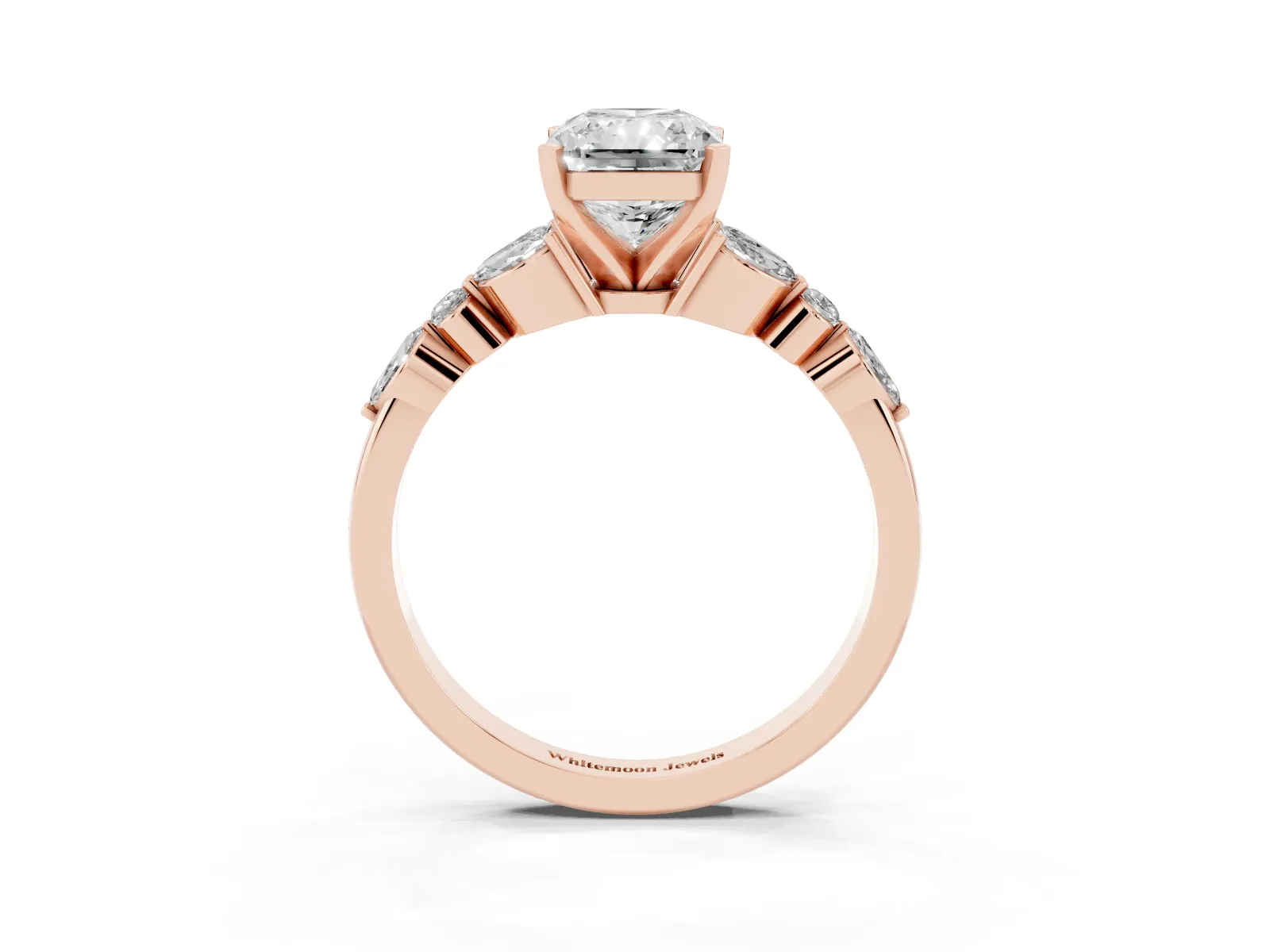 Radiant Cut Diamond Solitaire Ring with Side Stones and Four-Prong Setting Rose gold