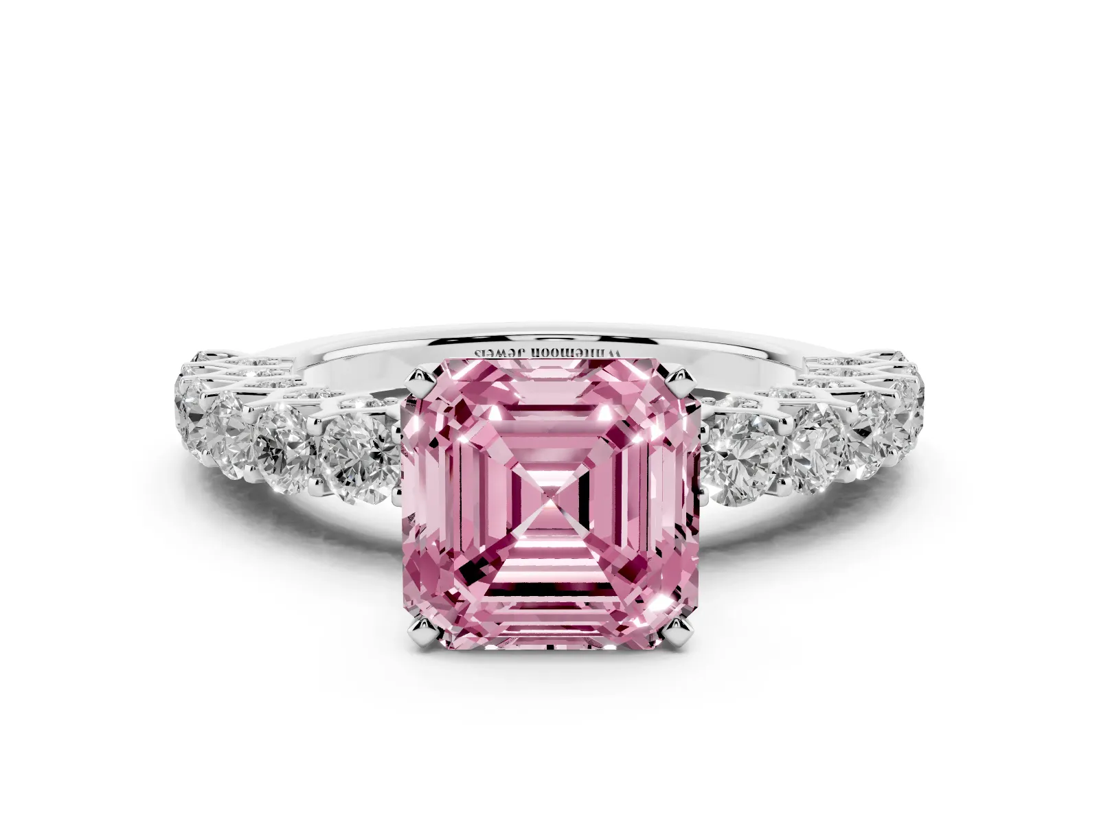 Fancy Pink Asscher Cut Diamond Solitaire Ring with Shared Prong Pavé Band and Four-Prong Setting White gold