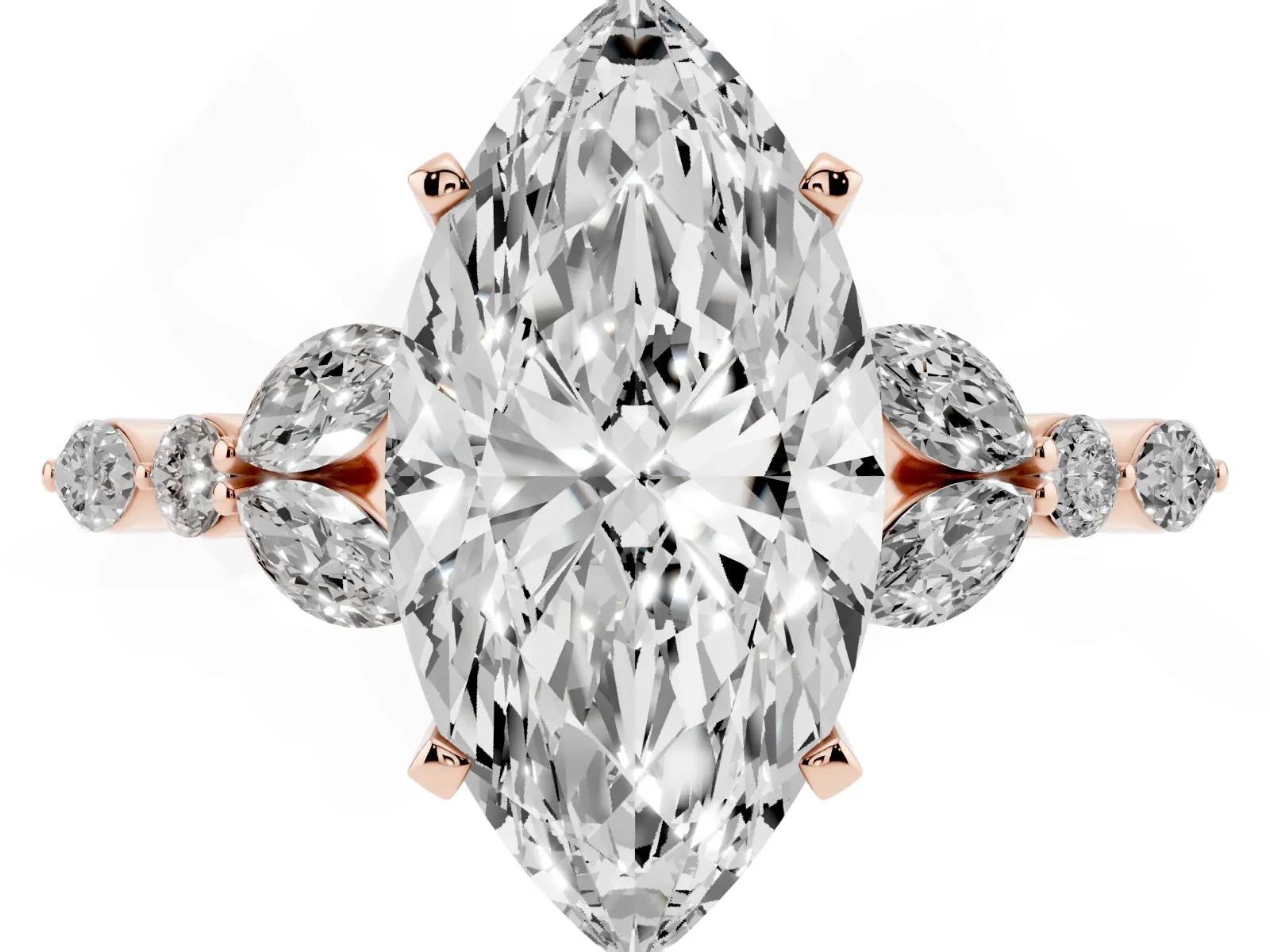 Marquise Cut Diamond Solitaire Ring with Side Stones and Four-Prong Setting Rose gold