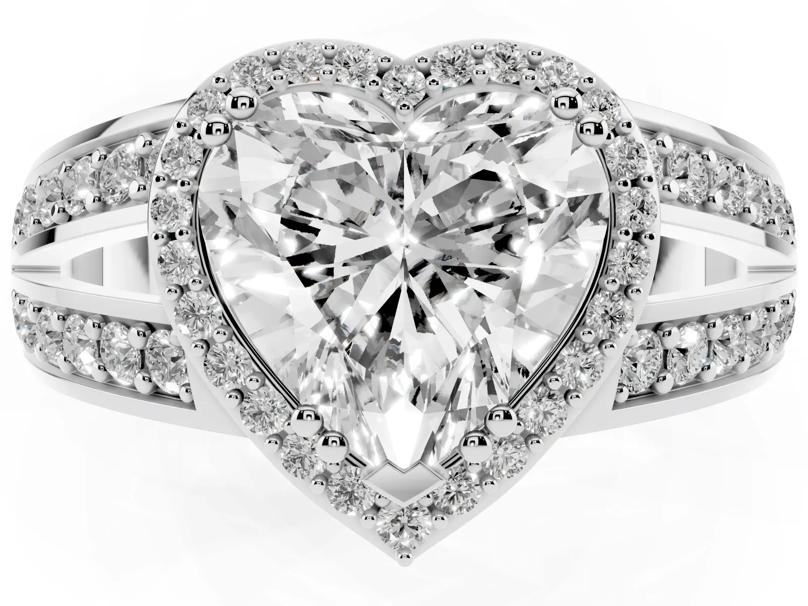 Heart Cut Diamond Halo Ring with Split Shank Pavé Band and Four-Prong Setting Platinum