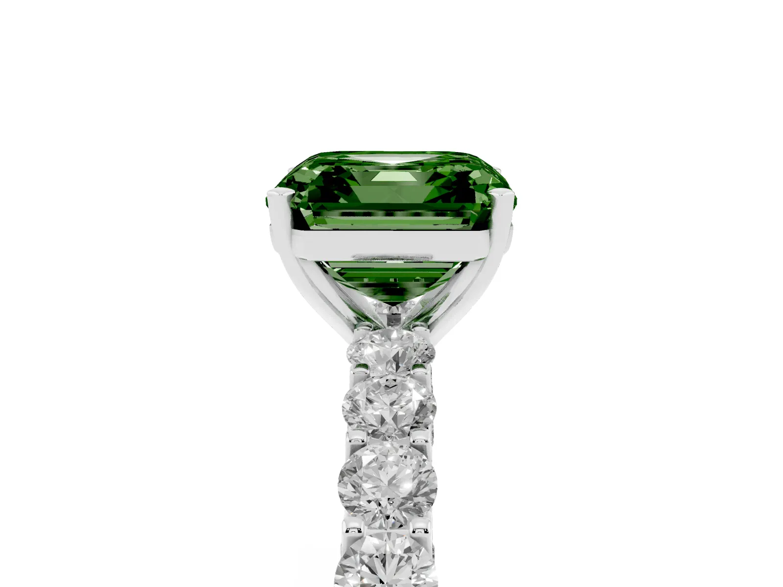 Fancy Green Asscher Cut Diamond Solitaire Ring with Shared Prong Pavé Band and Four-Prong Setting White gold