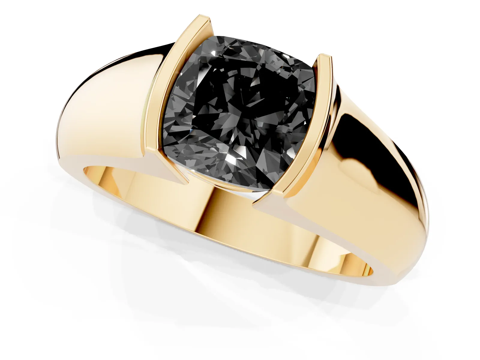 Fancy Black Cushion Cut Solitaire Bezel Set Diamond Ring with Wide Band Yellow gold
