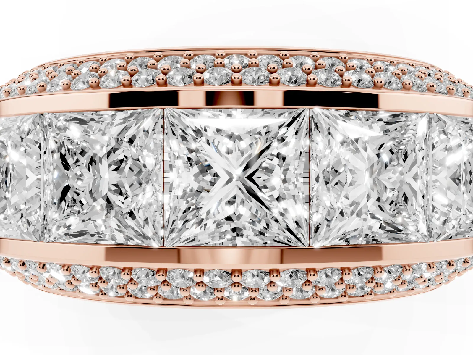 Princess Diamond Pavé Mens Wedding Band with Round Diamond Accents Rose gold