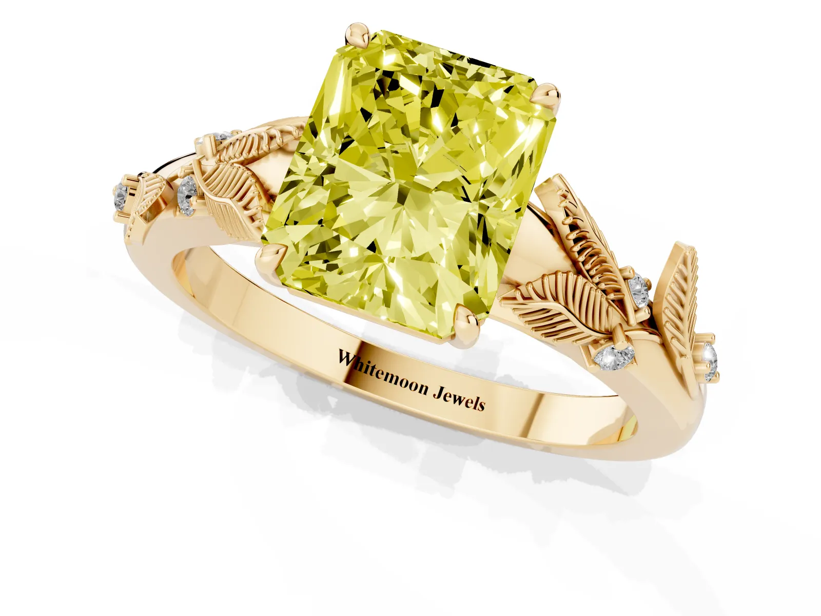 Fancy Yellow Radiant Cut Diamond Solitaire Ring with Leaf Motif Band and Four-Prong Setting Yellow gold