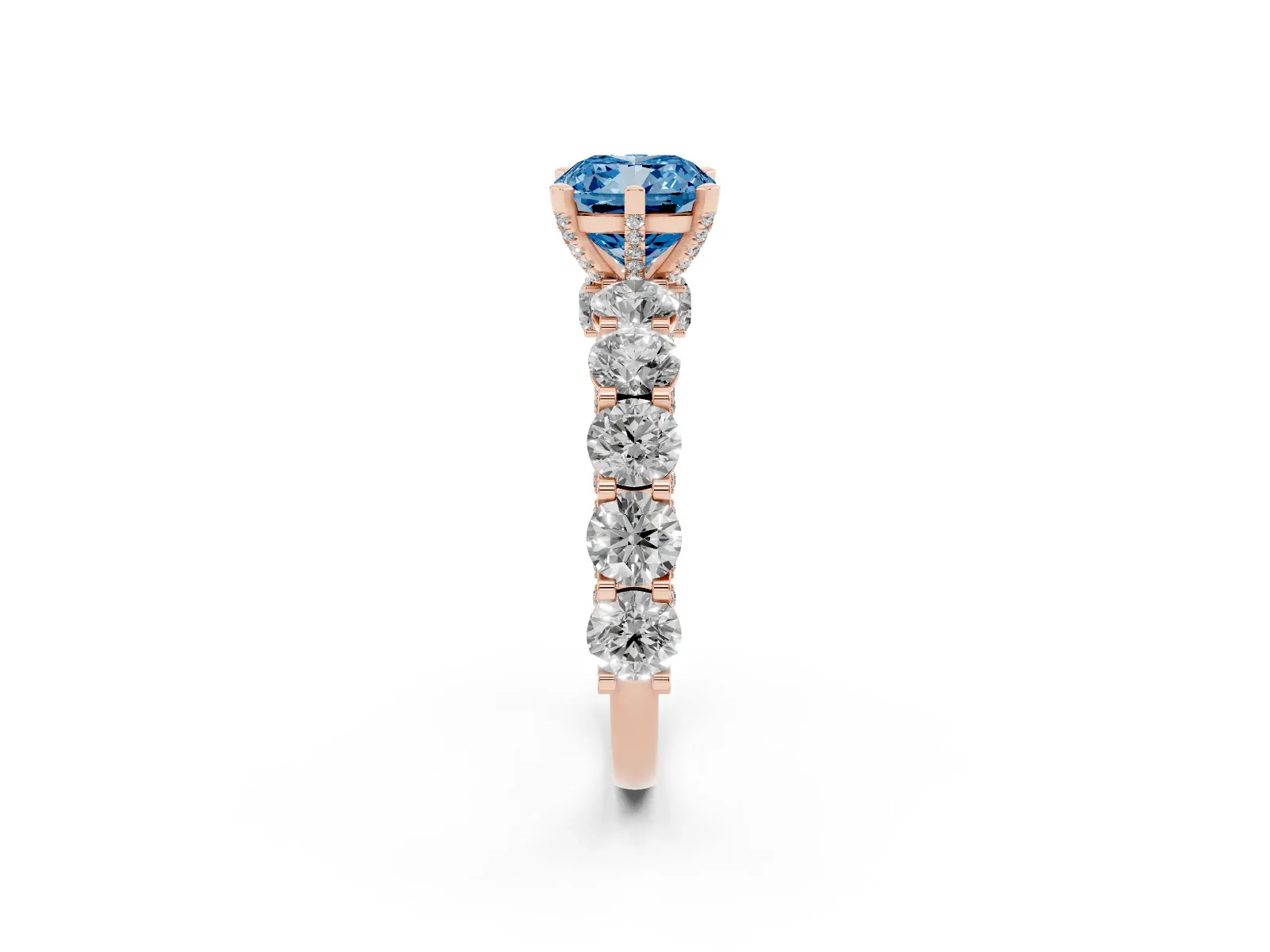 Fancy Blue Cushion Cut Diamond Side Stone Engagement Ring with Four-Prong Setting Rose gold