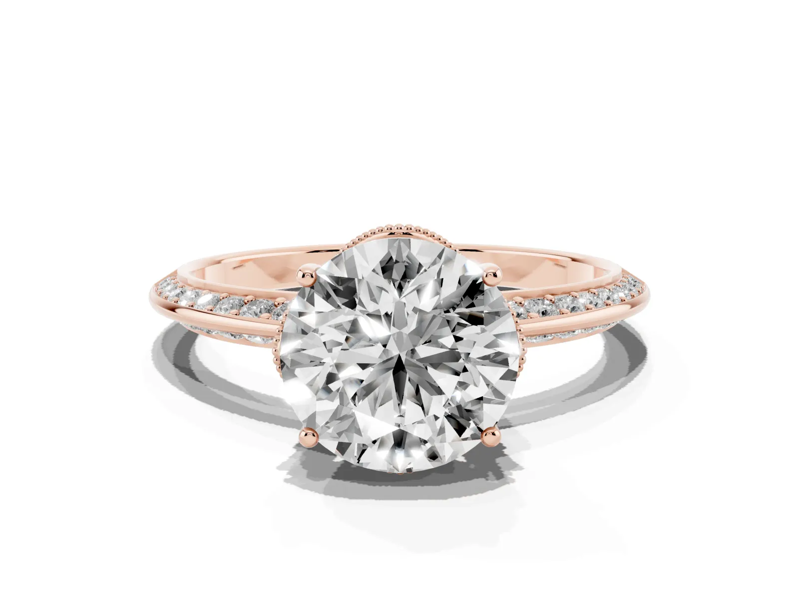 Round Cut Solitaire Split Shank Pave Diamond Engagement Ring with Four-Prong Setting Rose gold