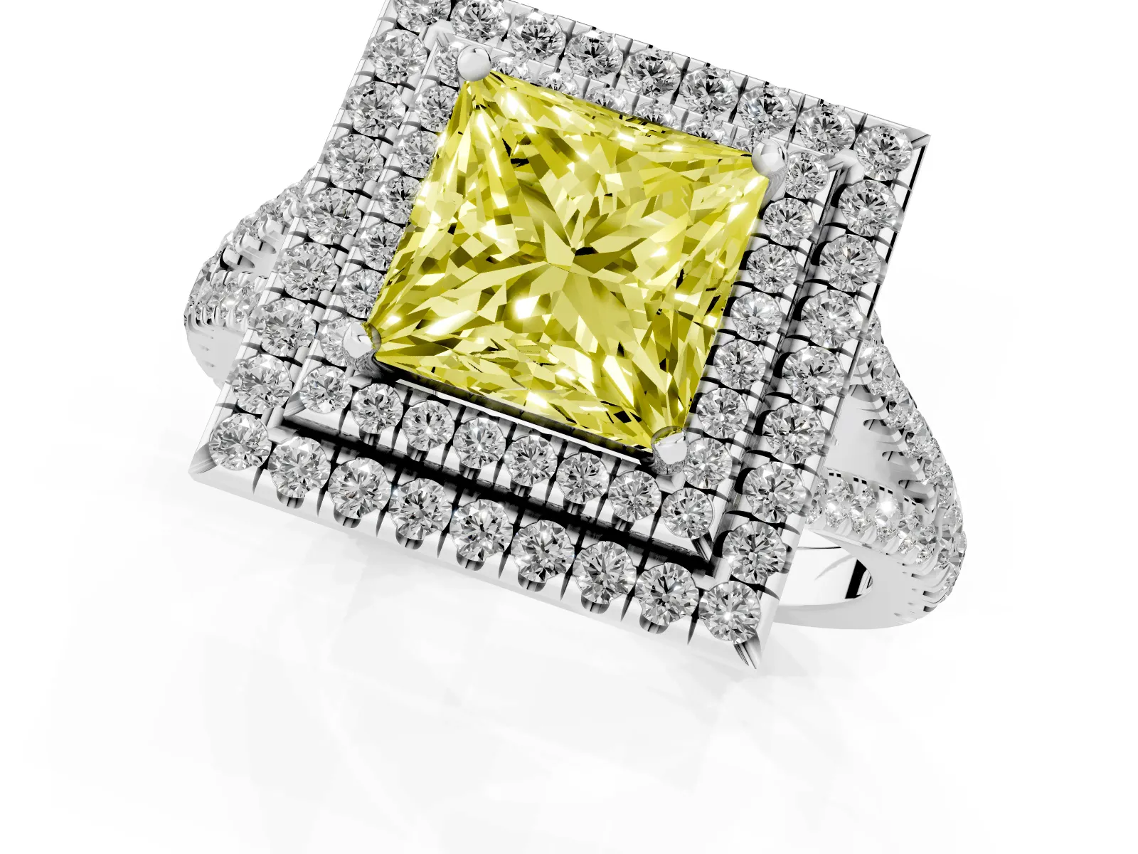 Fancy Yellow Princess Cut Diamond Double Halo Ring with Pavé Band and Prong Setting Platinum