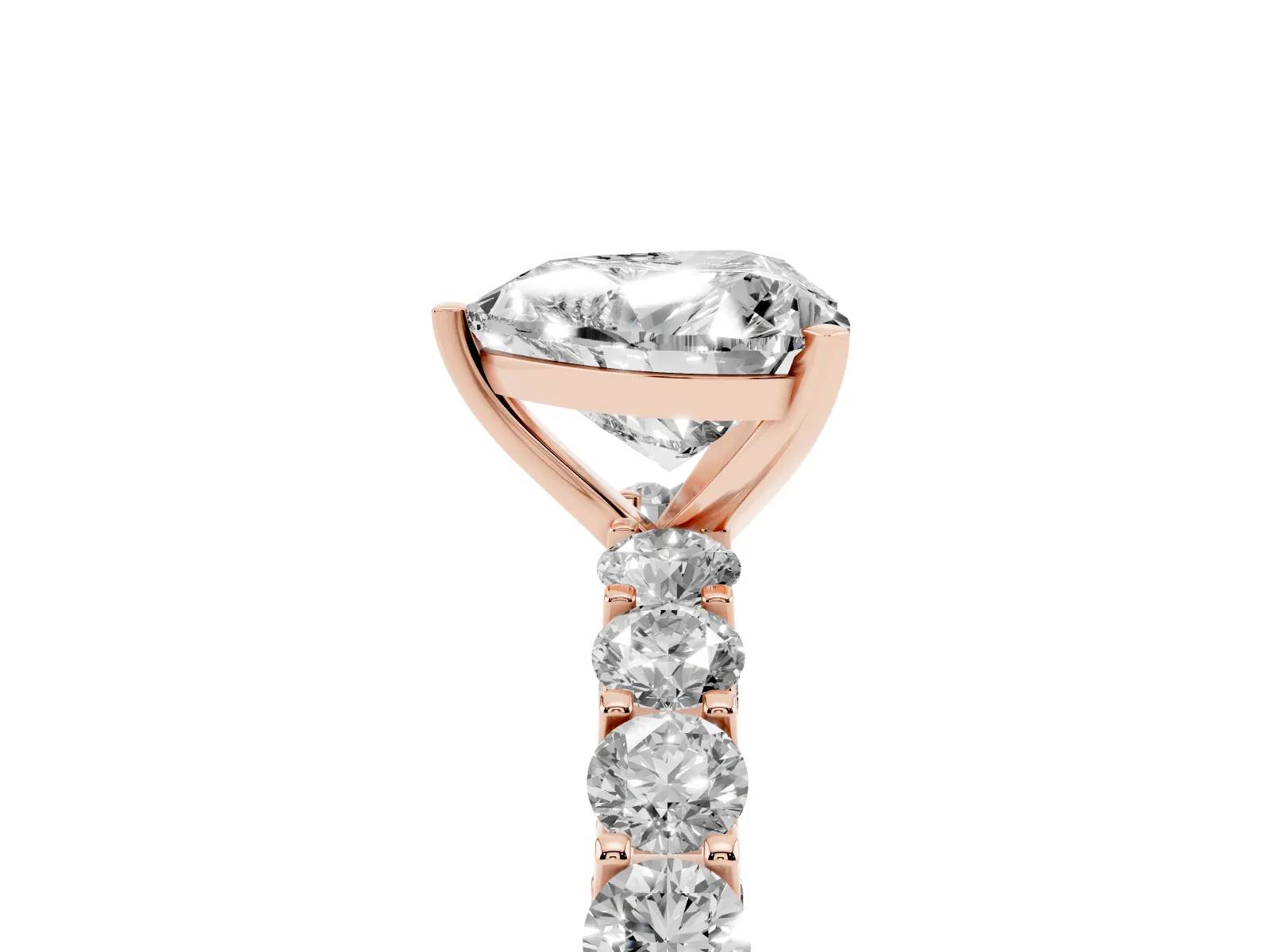 Heart Cut Diamond Solitaire Ring with Shared Prong Pavé Band and Four-Prong Setting Rose gold