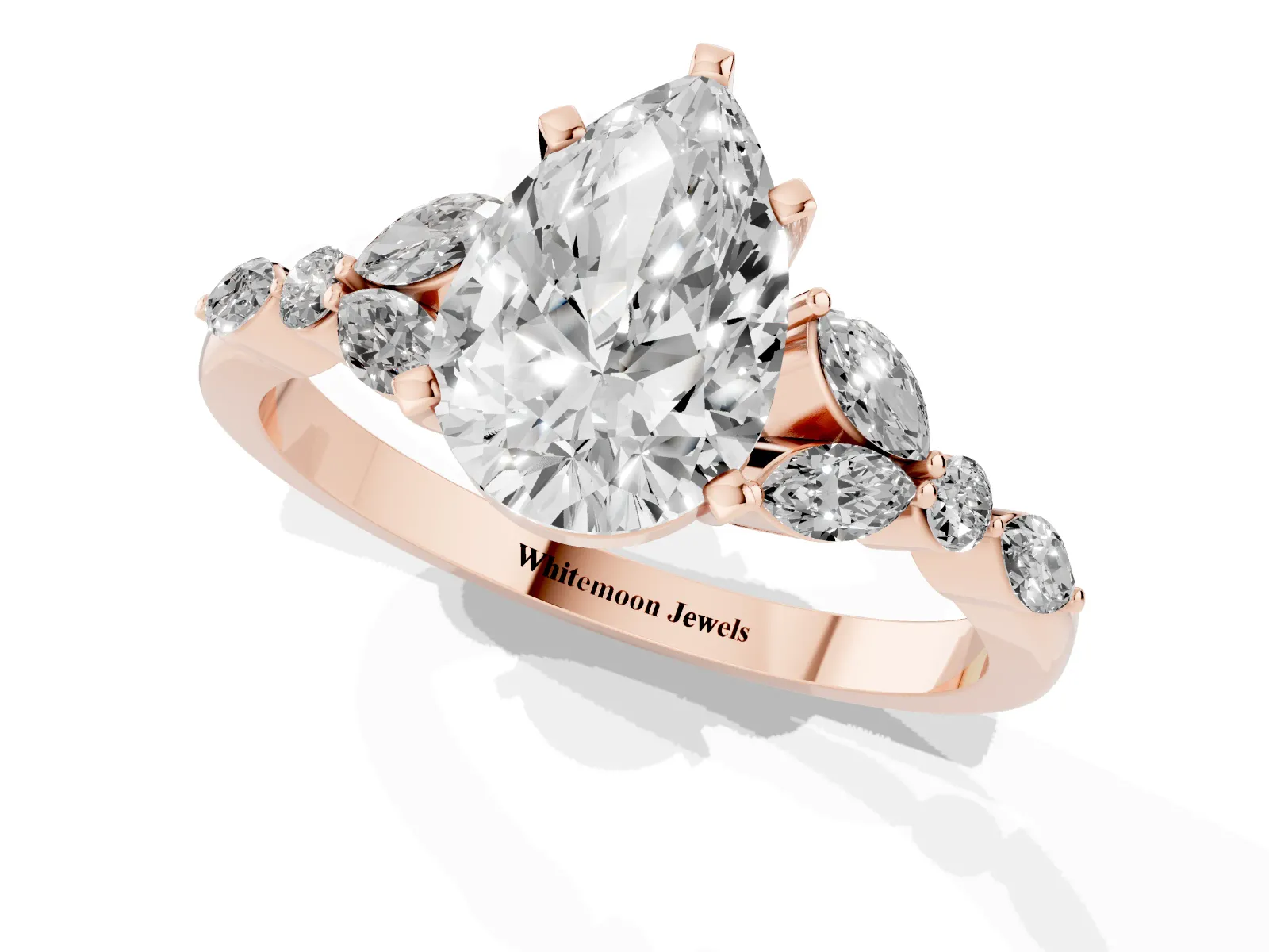 Pear Cut Diamond Solitaire Ring with Side Stones and Four-Prong Setting Rose gold
