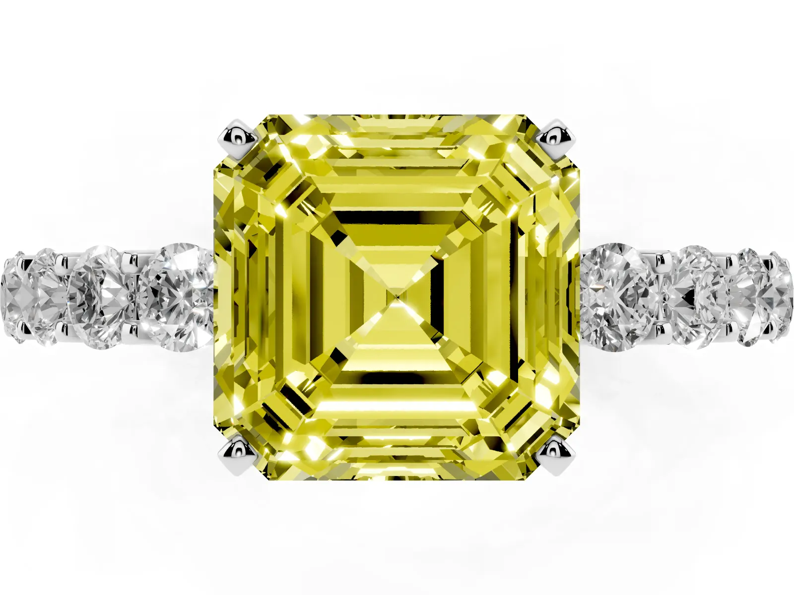 Fancy Yellow Asscher Cut Diamond Solitaire Ring with Shared Prong Pavé Band and Four-Prong Setting White gold