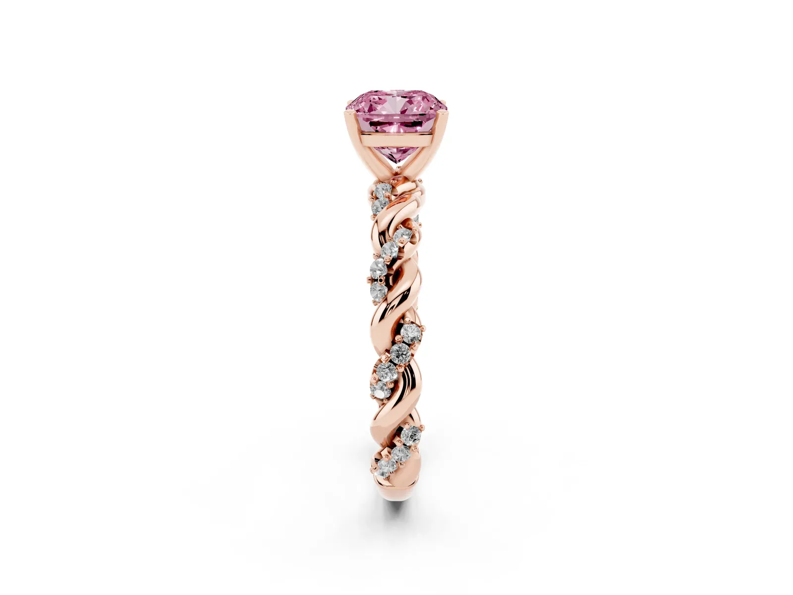Fancy Pink Cushion Cut Diamond Solitaire Ring with Twisted Band and Pavé Accents Rose gold