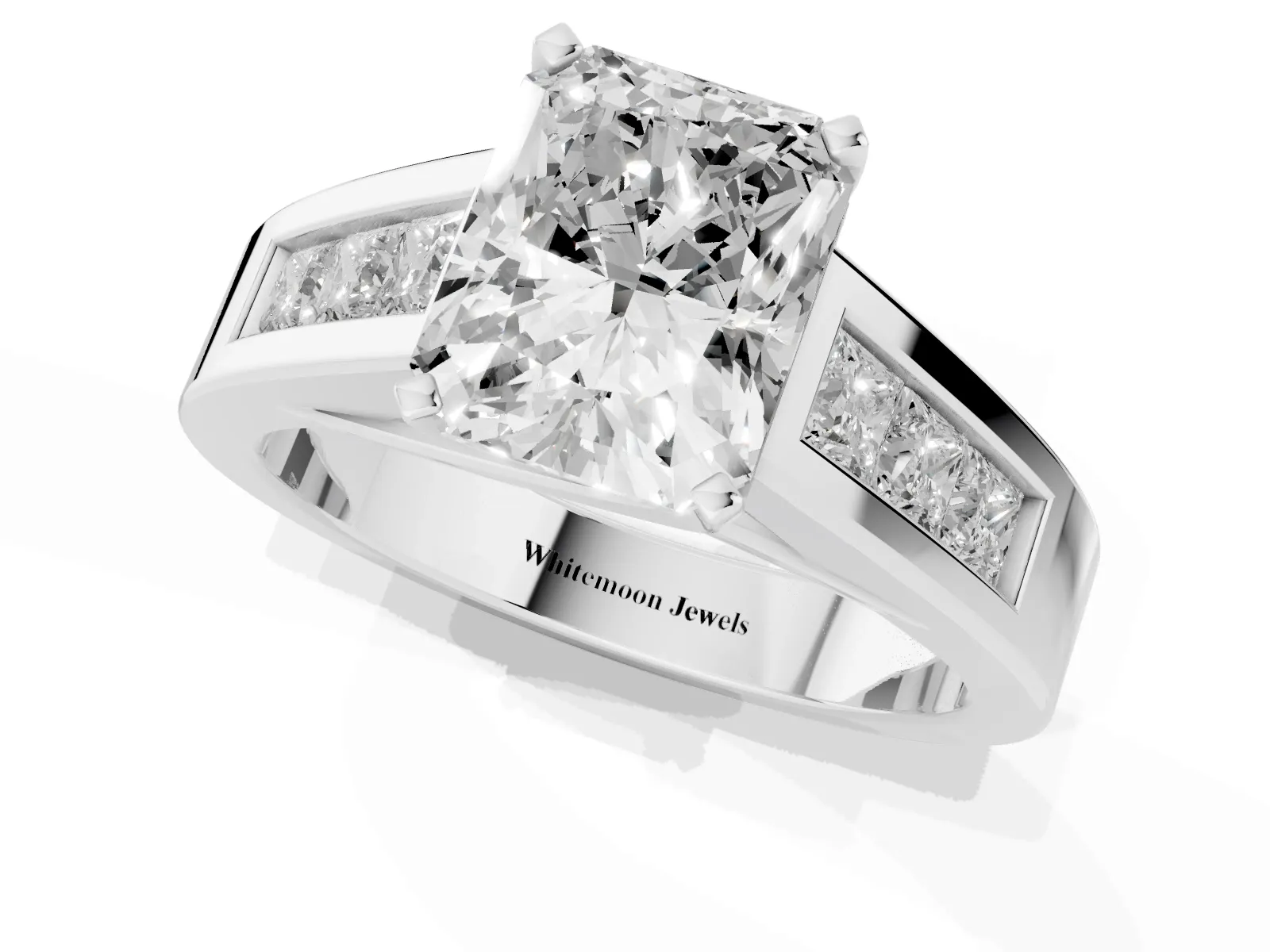 Radiant Cut Cut Channel Set Solitaire Ring with Four-Prong Setting Platinum