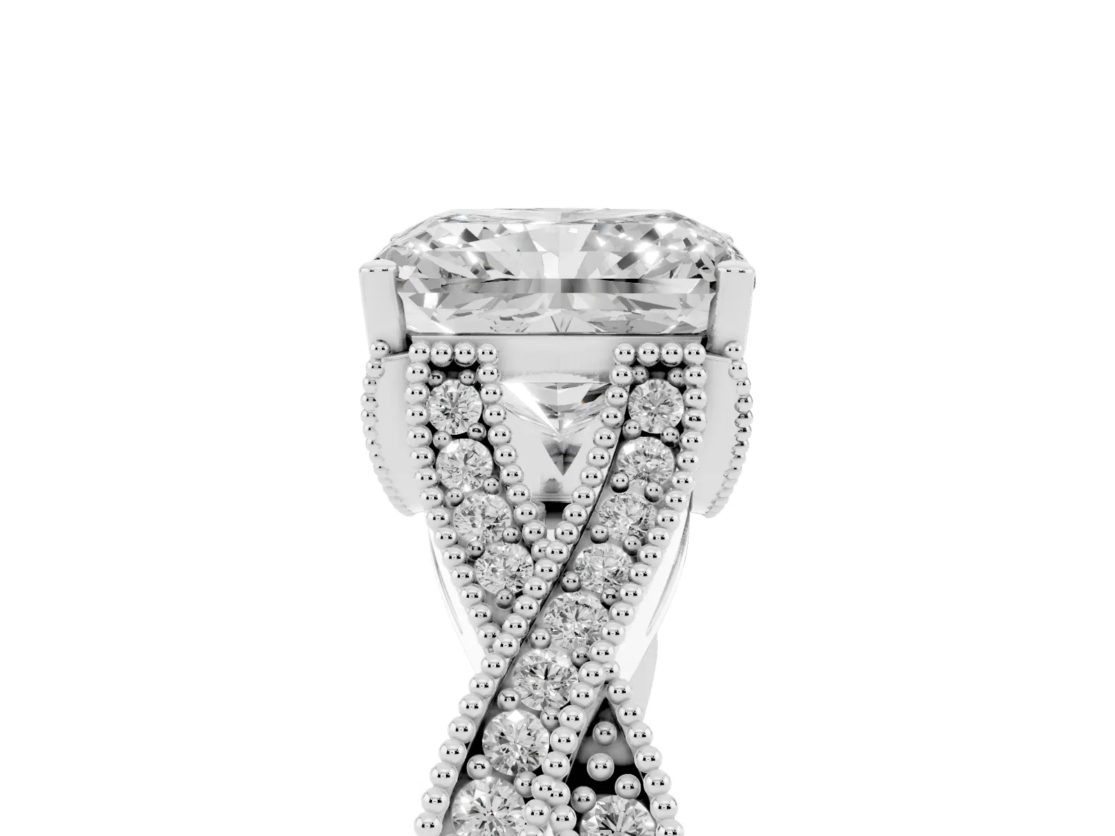 Radiant Cut Cut Diamond Twisted Band with Milgrain Pave Setting and Four-Prong Setting Platinum