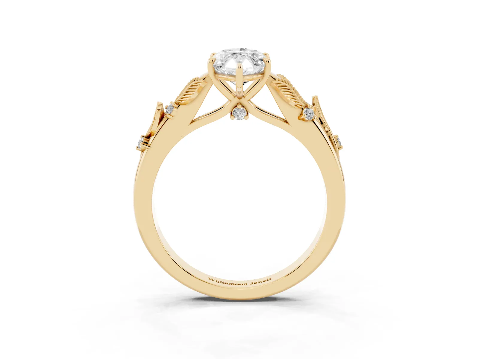 Marquise Cut Diamond Solitaire Ring with Leaf Motif Band and Four-Prong Setting Yellow gold