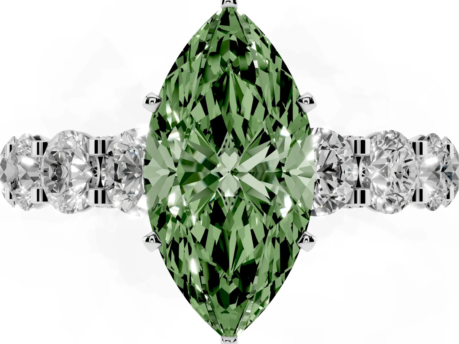 Fancy Green Marquise Cut Diamond Side Stone Engagement Ring with Four-Prong Setting White gold