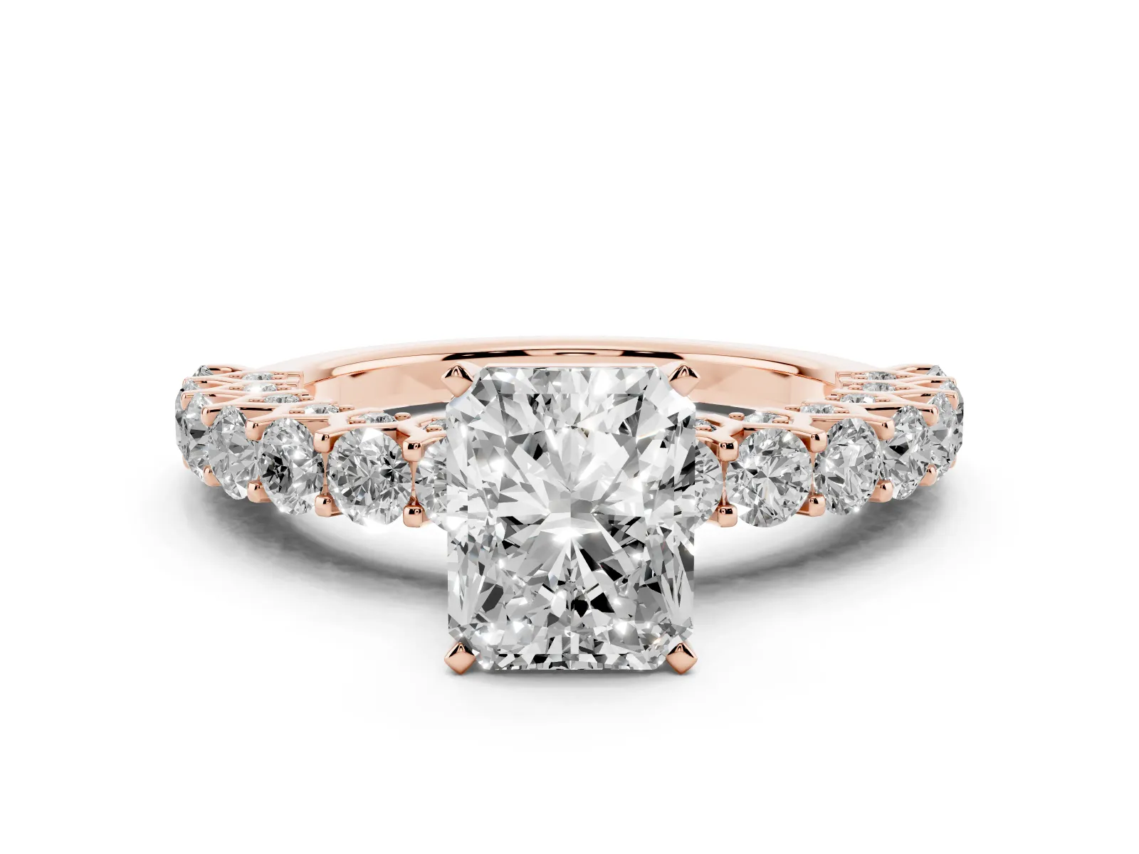 Radiant Cut Diamond Solitaire Ring with Shared Prong Pavé Band and Four-Prong Setting Rose gold