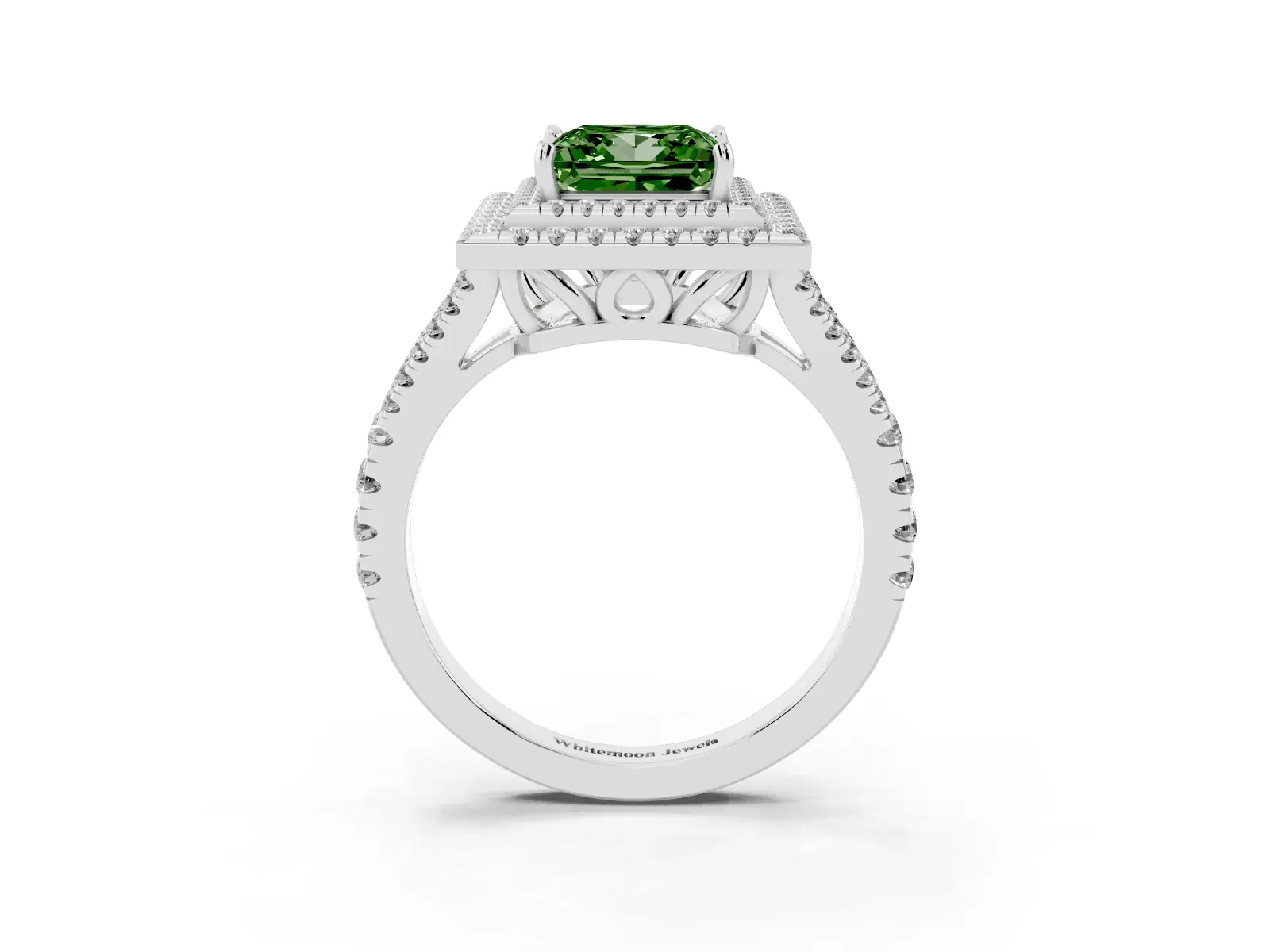 Fancy Green Princess Cut Diamond Double Halo Ring with Pavé Band and Prong Setting Platinum