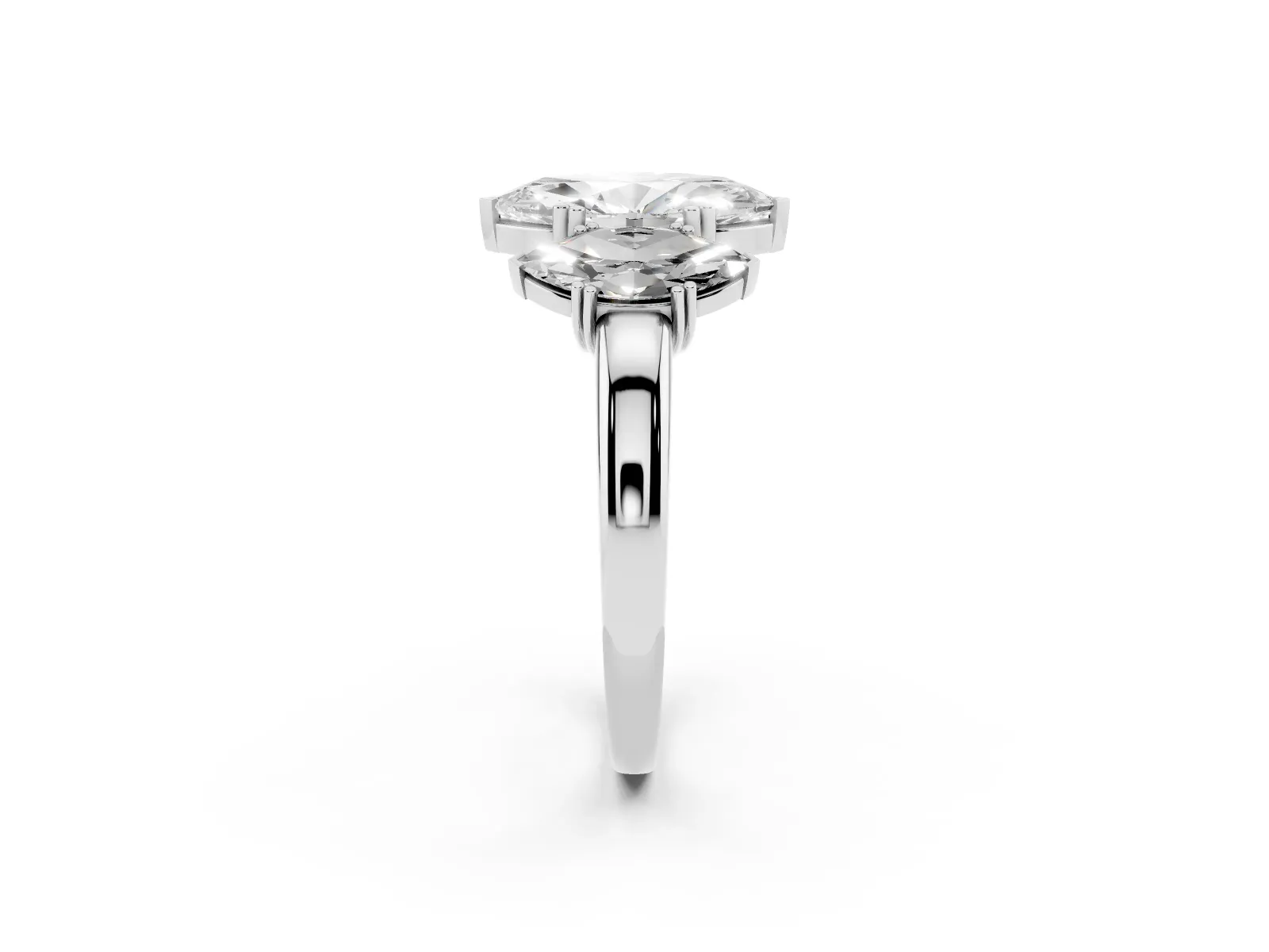Three-Stone Marquise Cut Cut Diamond Ring with Channel Set Band and Four-Prong Setting Platinum