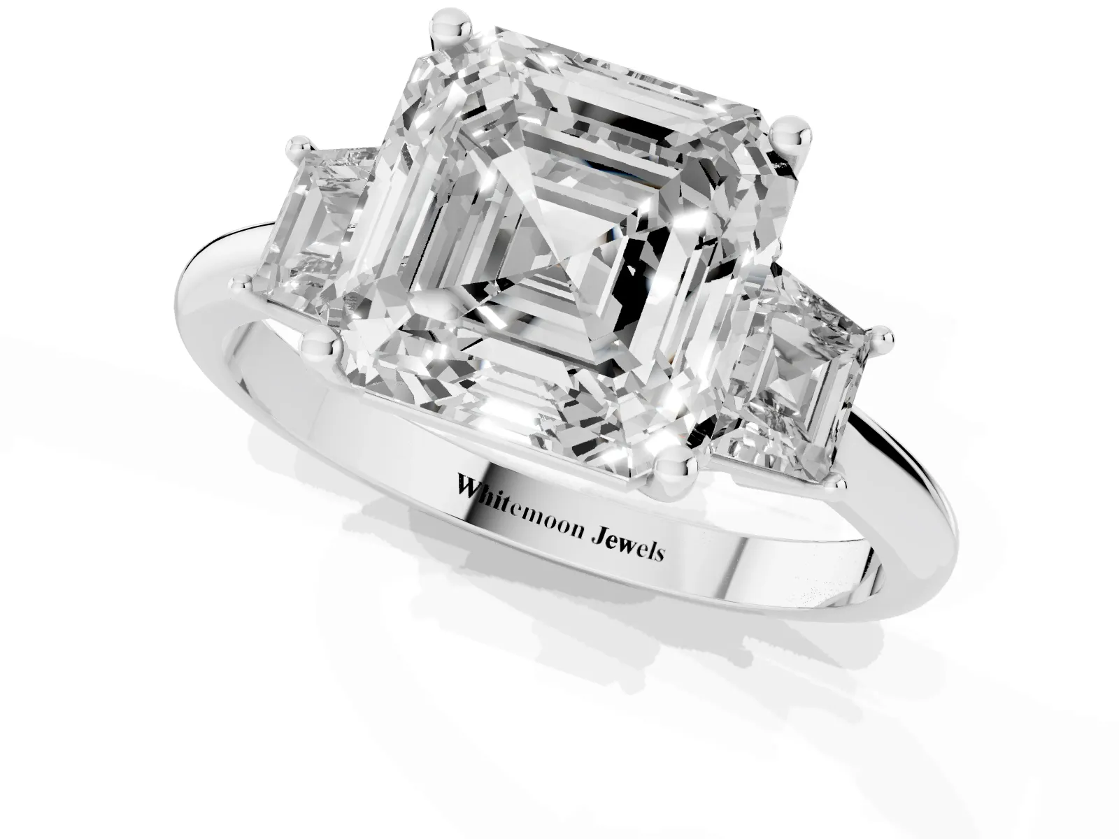 Asscher Cut Diamond Three-Stone Ring with Trapezoid Side Stones and Prong Setting White gold