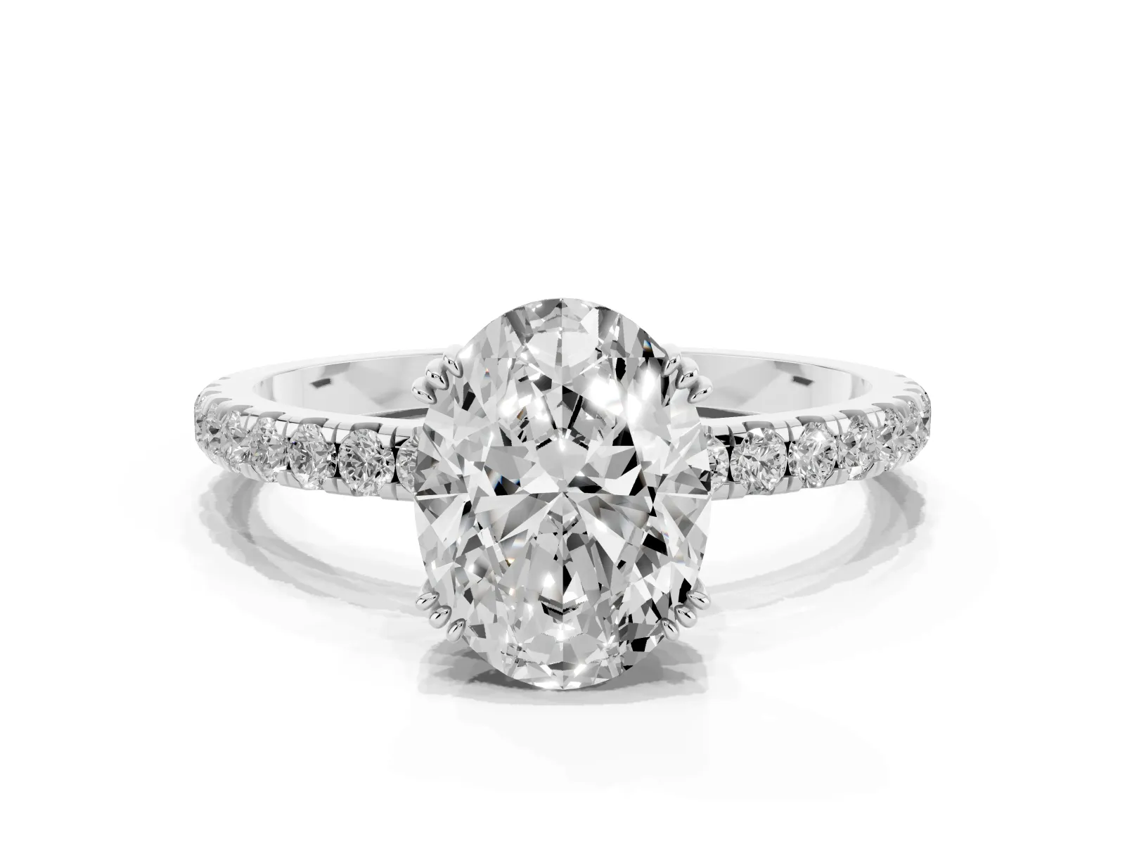 Oval Cut Brilliant Solitaire with Pavé Band and Claw Prong Setting Silver