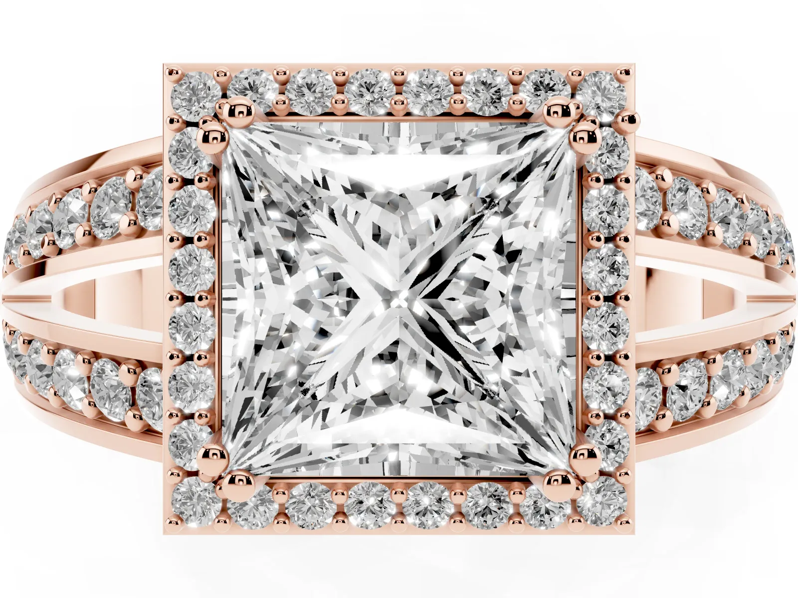 Princess Cut Diamond Halo Ring with Split Shank Pavé Band and Four-Prong Setting Rose gold