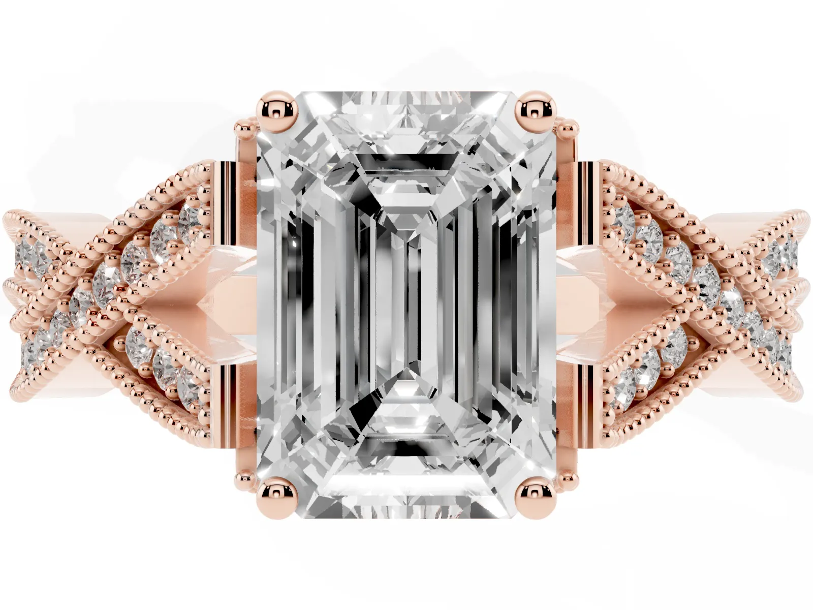 Emerald Cut Cut Diamond Twisted Band with Milgrain Pave Setting and Four-Prong Setting Rose gold