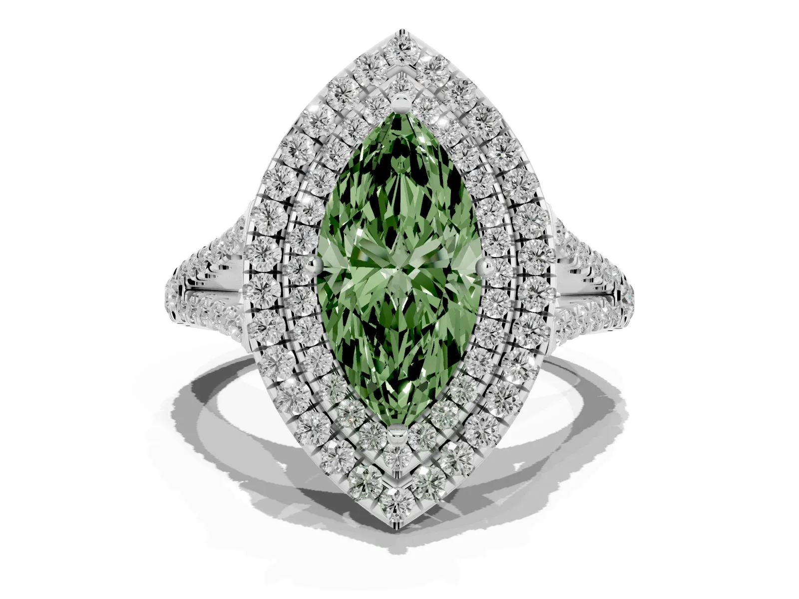 Fancy Green Marquise Cut Diamond Double Halo Ring with Pavé Band and Prong Setting Platinum