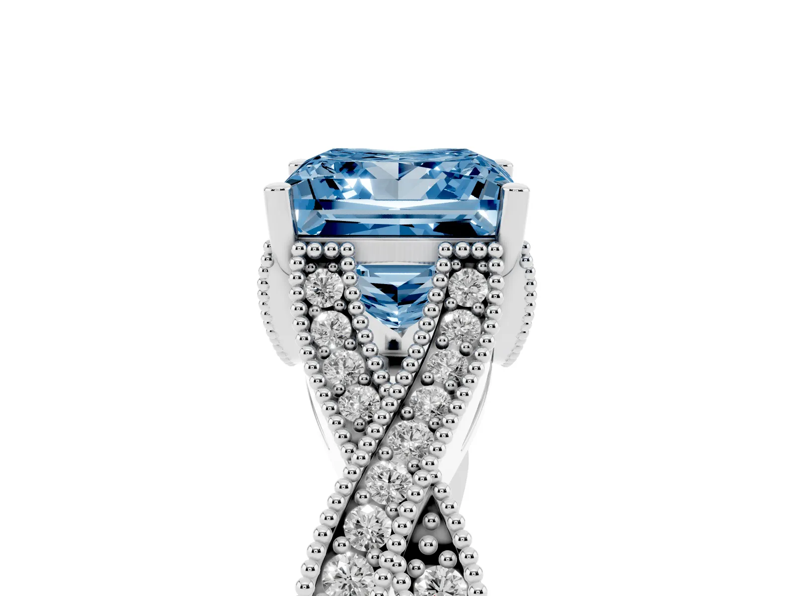 Fancy Blue Princess Cut Cut Diamond Twisted Band with Milgrain Pave Setting and Four-Prong Setting Platinum