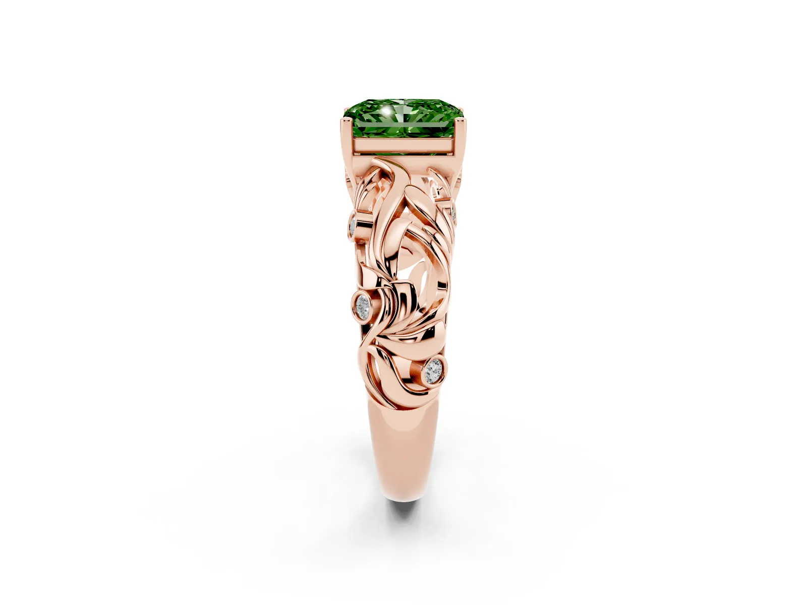 Fancy Green Radiant Cut Solitaire Diamond Leaf-Inspired Vine Band Ring with Prong Setting Rose gold