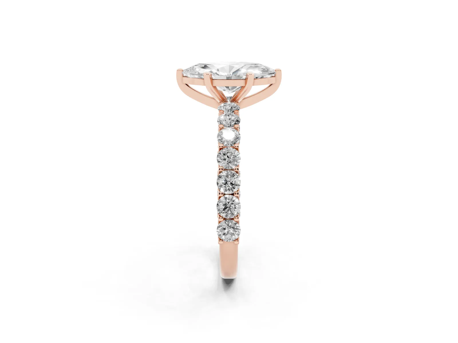 Marquise Cut Diamond Solitaire Ring with Shared Prong Pavé Band and Four-Prong Setting Rose gold