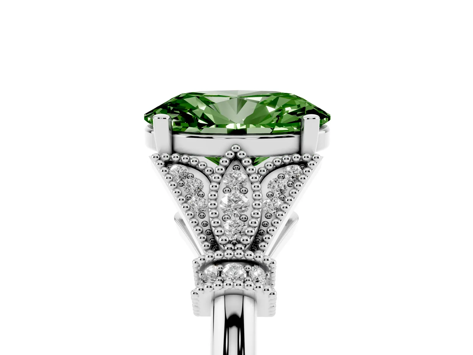 Fancy Green Oval Cut Diamond Solitaire Ring with Floral Filigree and Pave Accents White gold