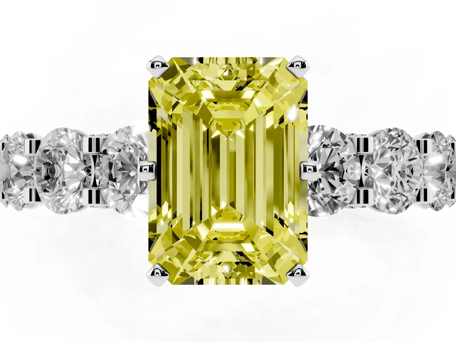 Fancy Yellow Emerald Cut Diamond Side Stone Engagement Ring with Four-Prong Setting Platinum