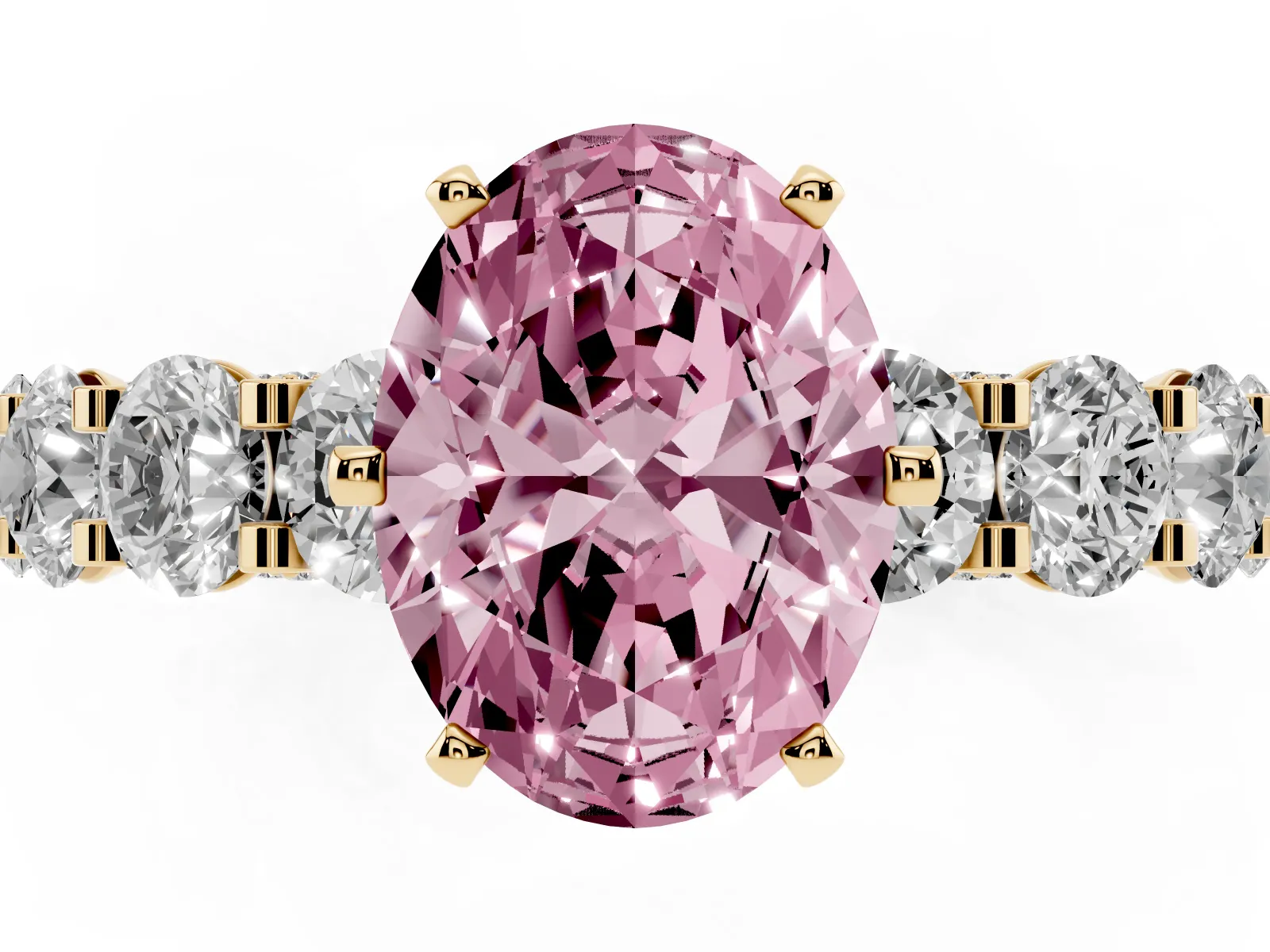 Fancy Pink Oval Cut Diamond Side Stone Engagement Ring with Four-Prong Setting Yellow gold