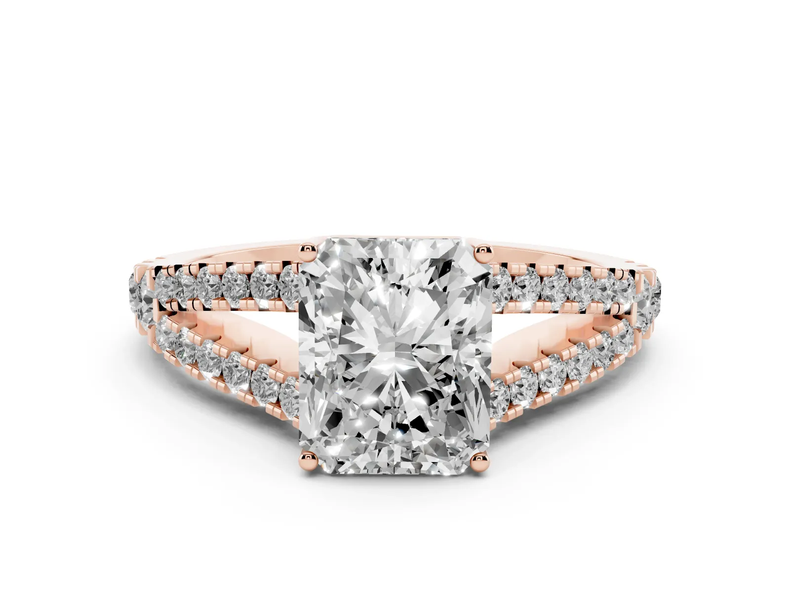 Radiant Cut Diamond Split Shank Engagement Ring with Round Pavé and Prong Setting Rose gold