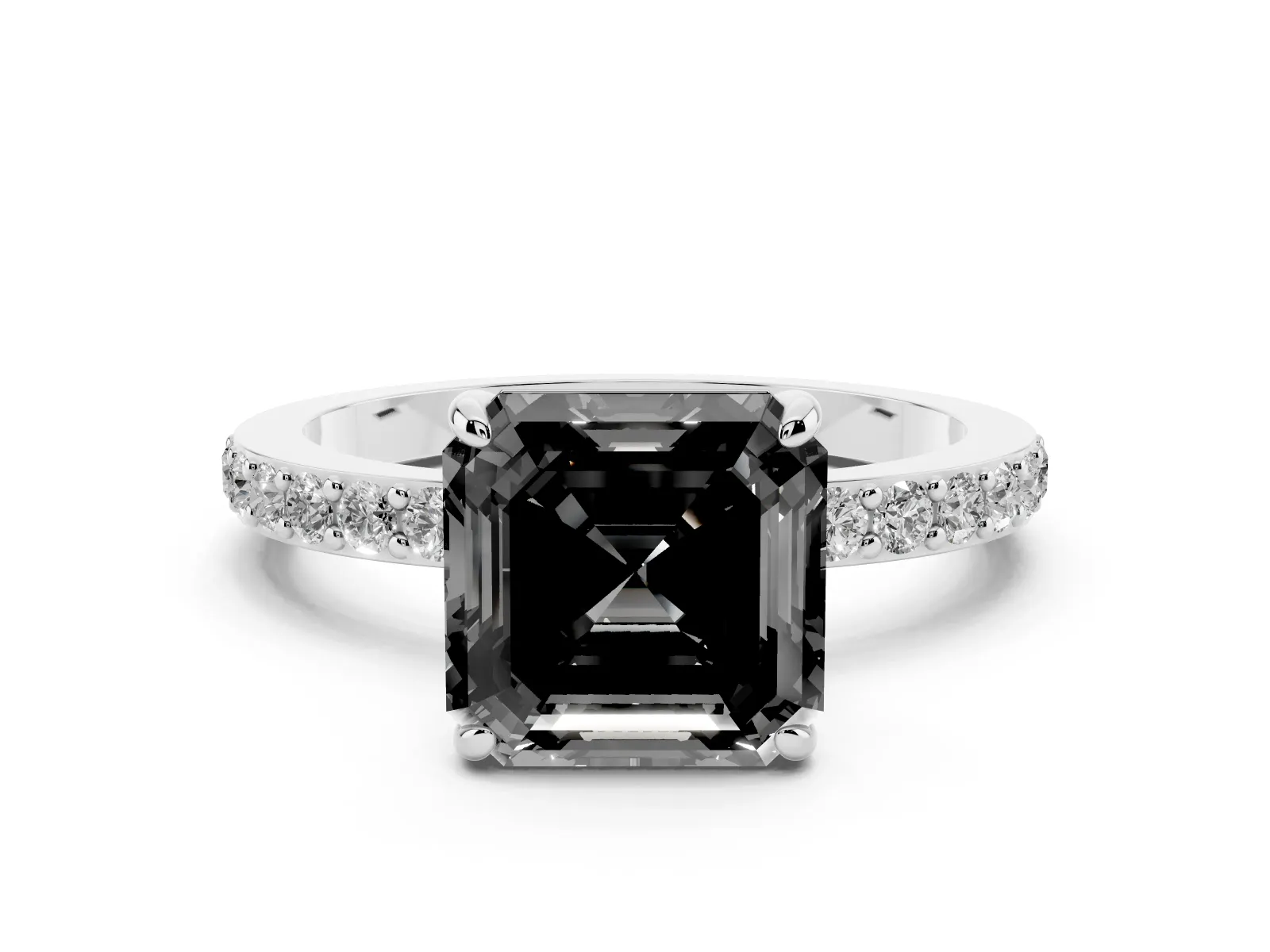 Fancy Black Asscher Cut Diamond Solitaire Engagement Ring with Pavé Band and Four-Prong Setting White gold