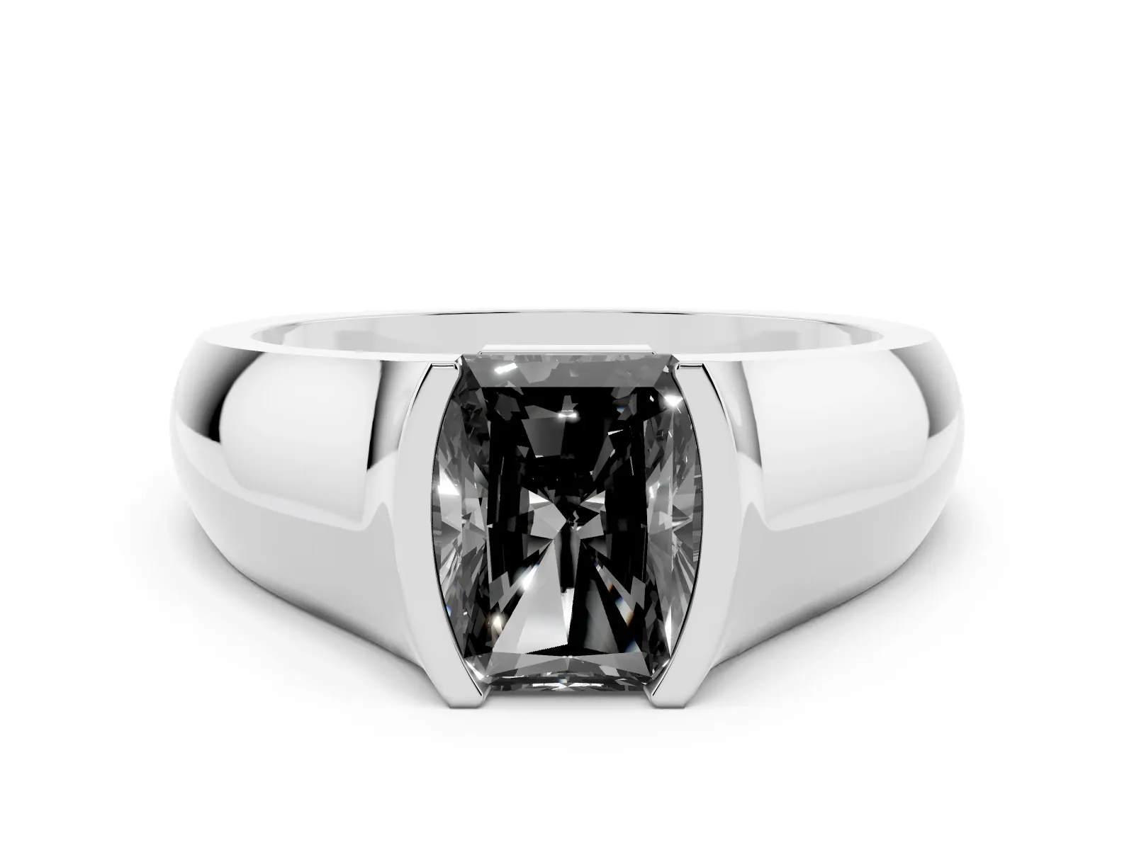 Fancy Black Radiant Cut Solitaire Bezel Set Diamond Ring with Wide Band White gold