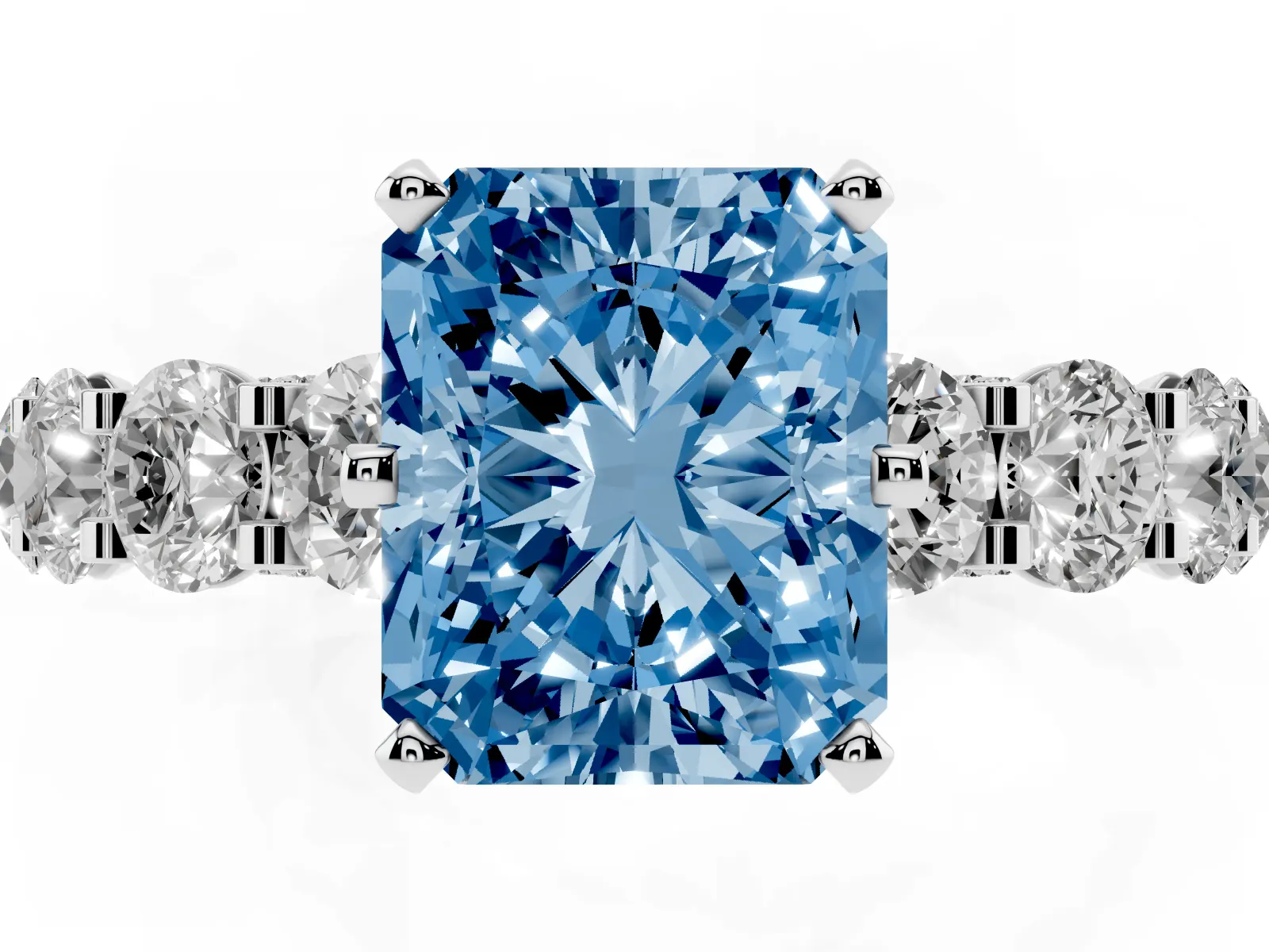 Fancy Blue Radiant Cut Diamond Side Stone Engagement Ring with Four-Prong Setting Platinum