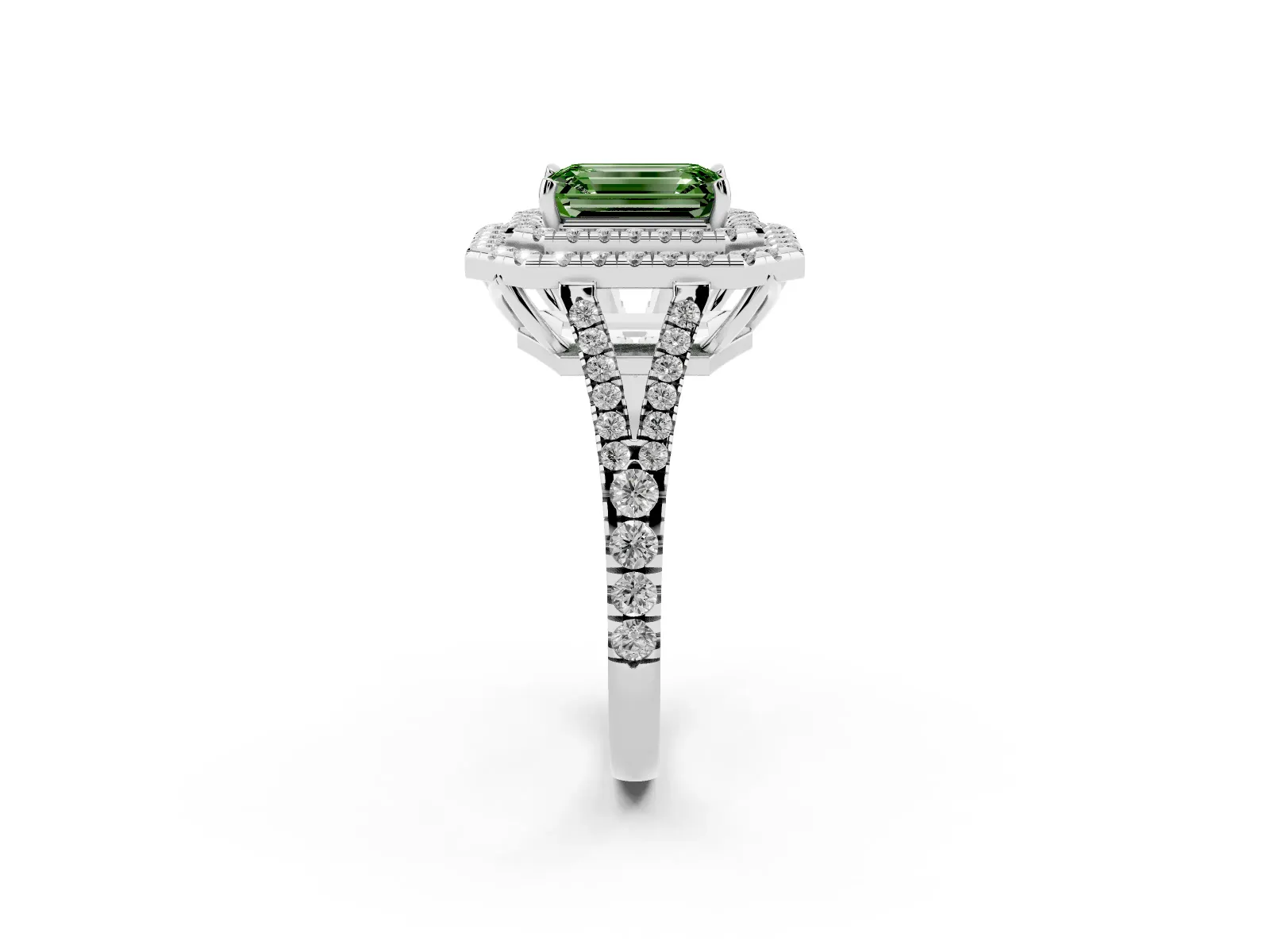 Fancy Green Emerald Cut Diamond Double Halo Ring with Pavé Band and Prong Setting Platinum