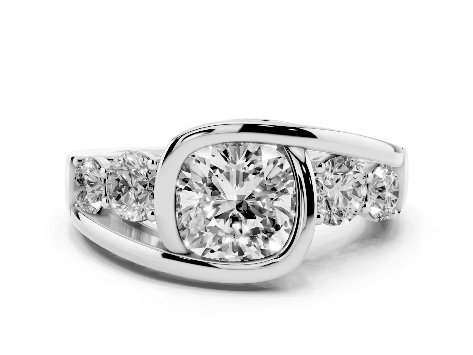 Bezel Set Cushion Cut Diamond Bypass Ring with Round Accents Platinum