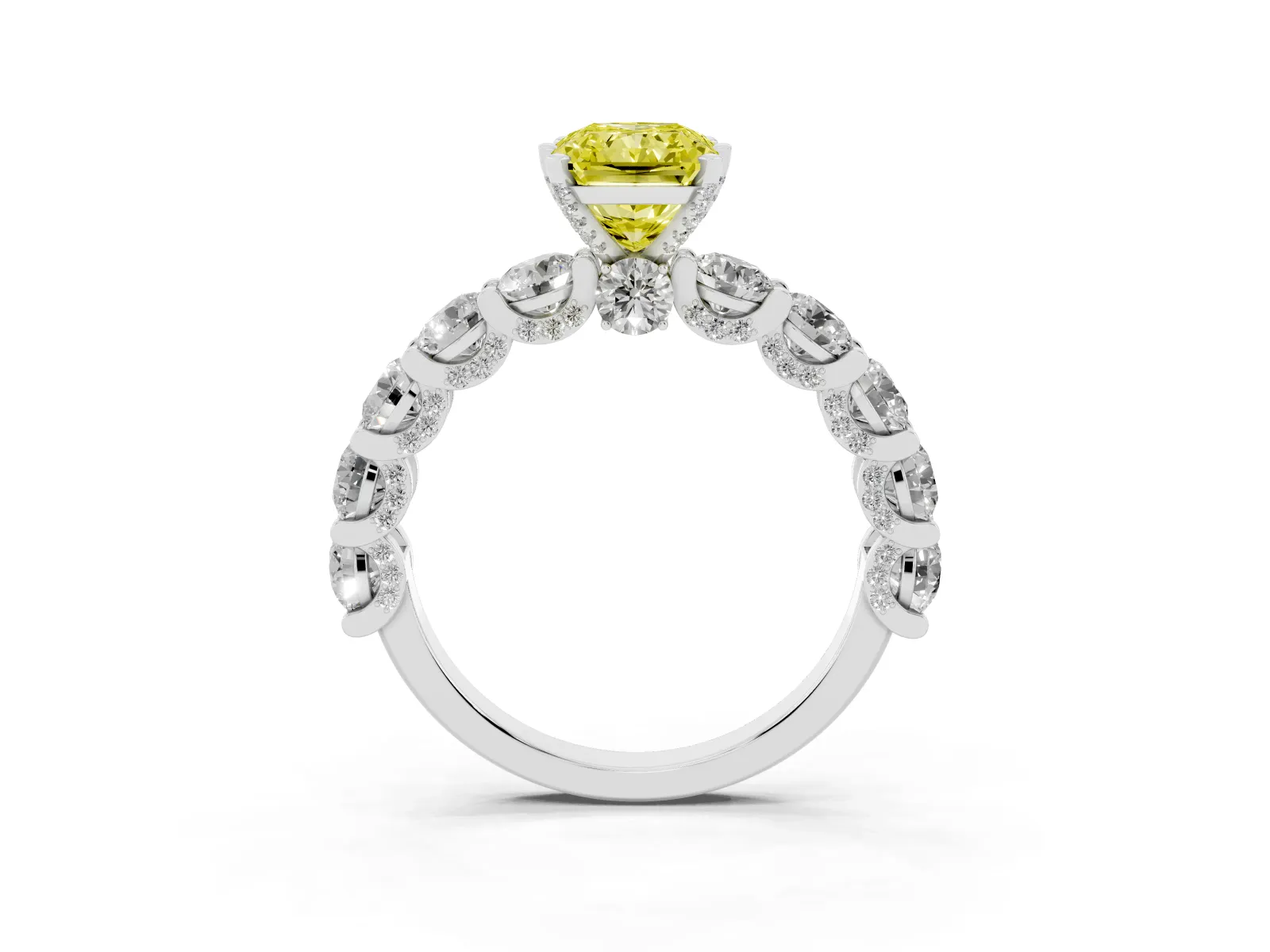Fancy Yellow Radiant Cut Diamond Side Stone Engagement Ring with Four-Prong Setting Platinum