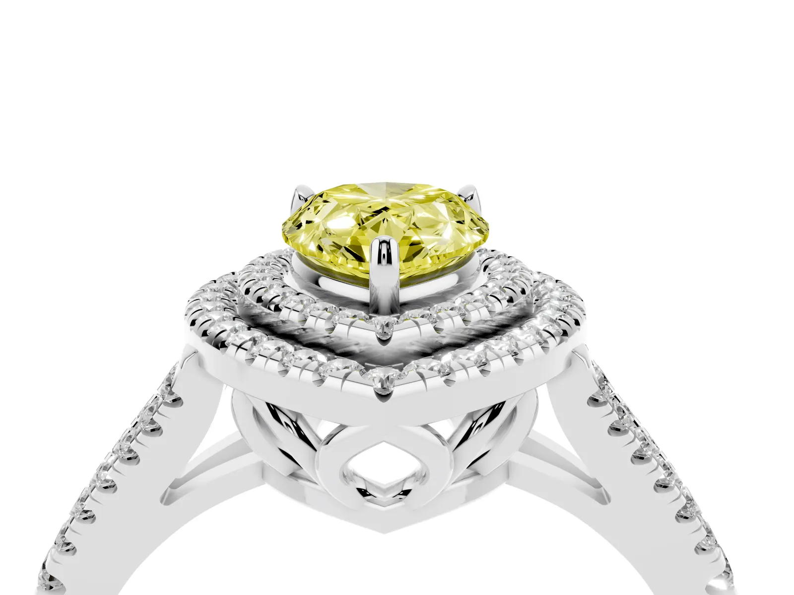 Fancy Yellow Pear Cut Diamond Double Halo Ring with Pavé Band and Prong Setting Platinum