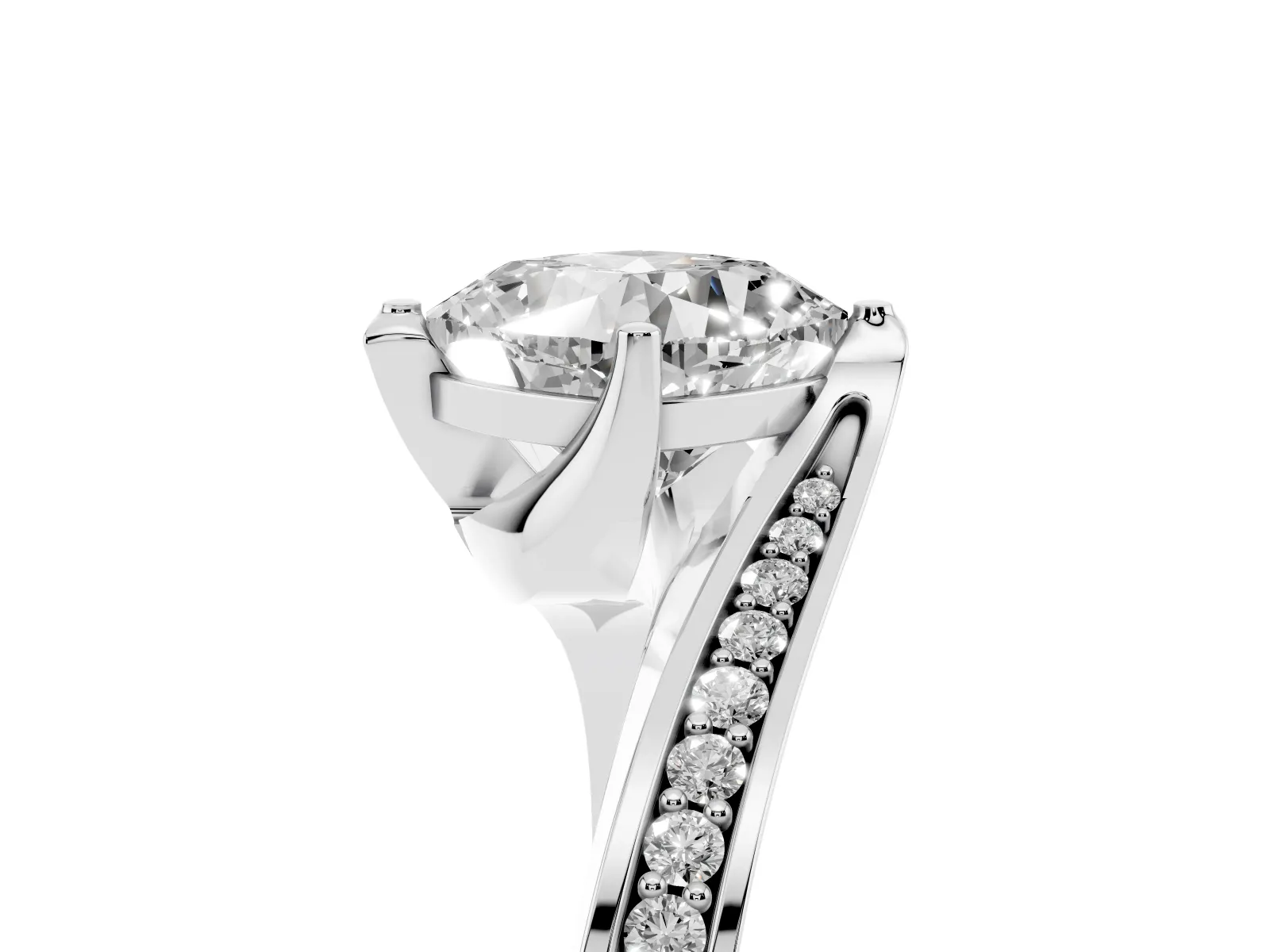 Cushion Cut Solitaire Diamond Twist Band with Pavé Setting and Four-Prong Setting Platinum