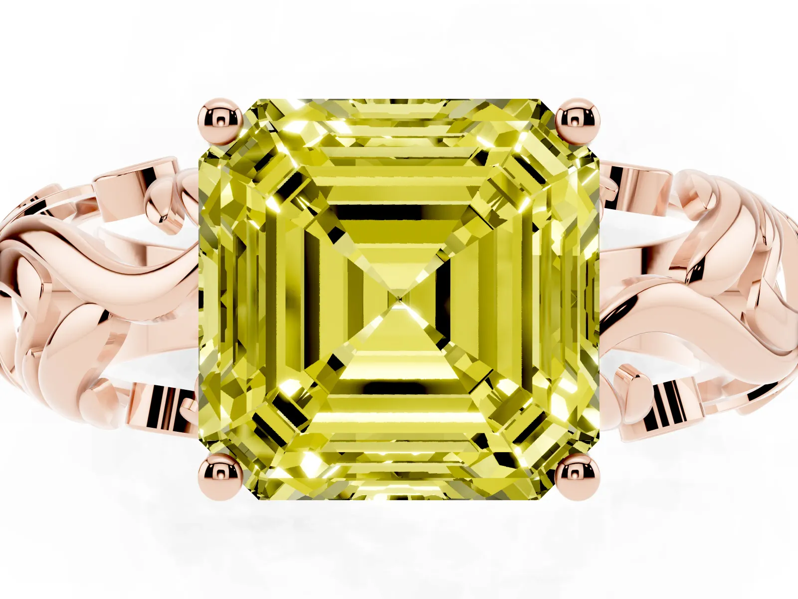 Fancy Yellow Asscher Cut Solitaire Diamond Leaf-Inspired Vine Band Ring with Prong Setting Rose gold