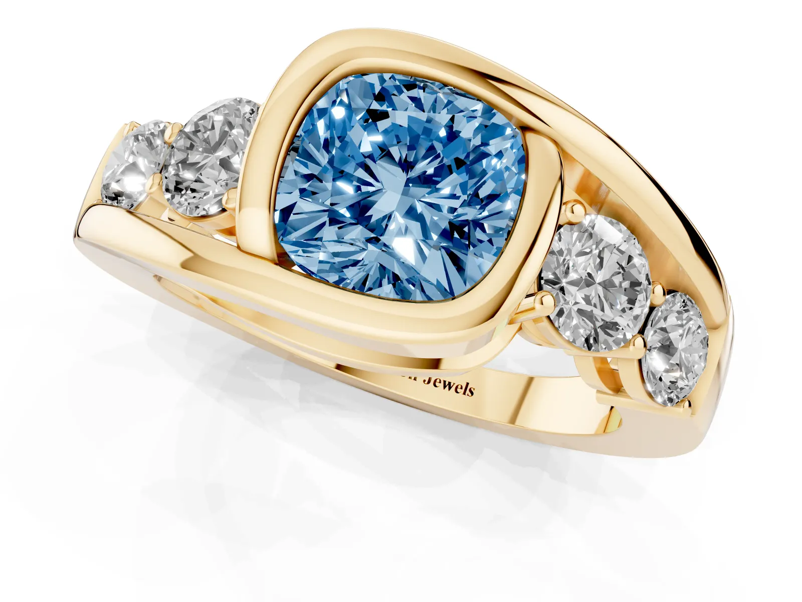 Fancy Blue Bezel Set Cushion Cut Diamond Bypass Ring with Round Accents Yellow gold