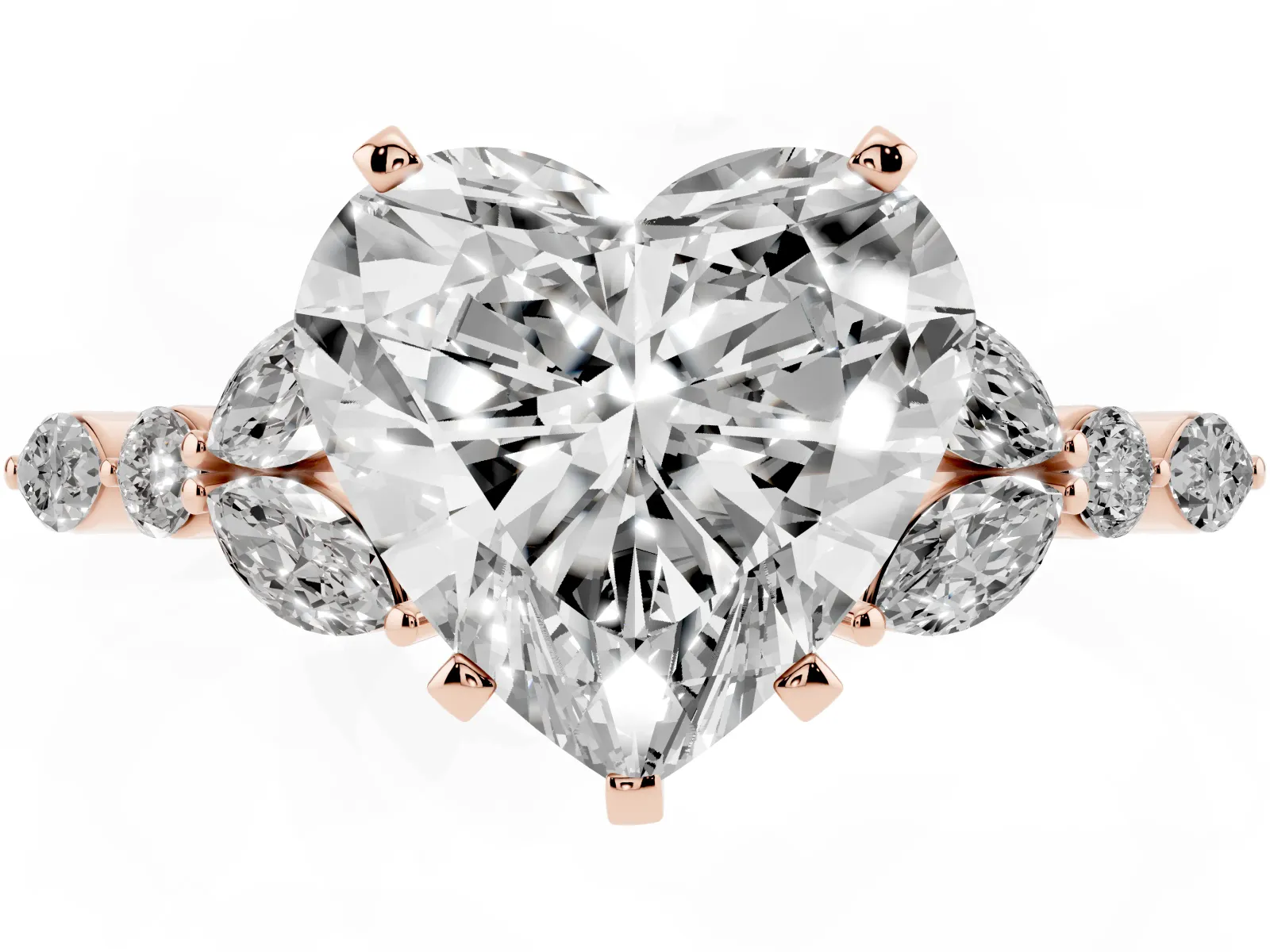 Heart Cut Diamond Solitaire Ring with Side Stones and Four-Prong Setting Rose gold