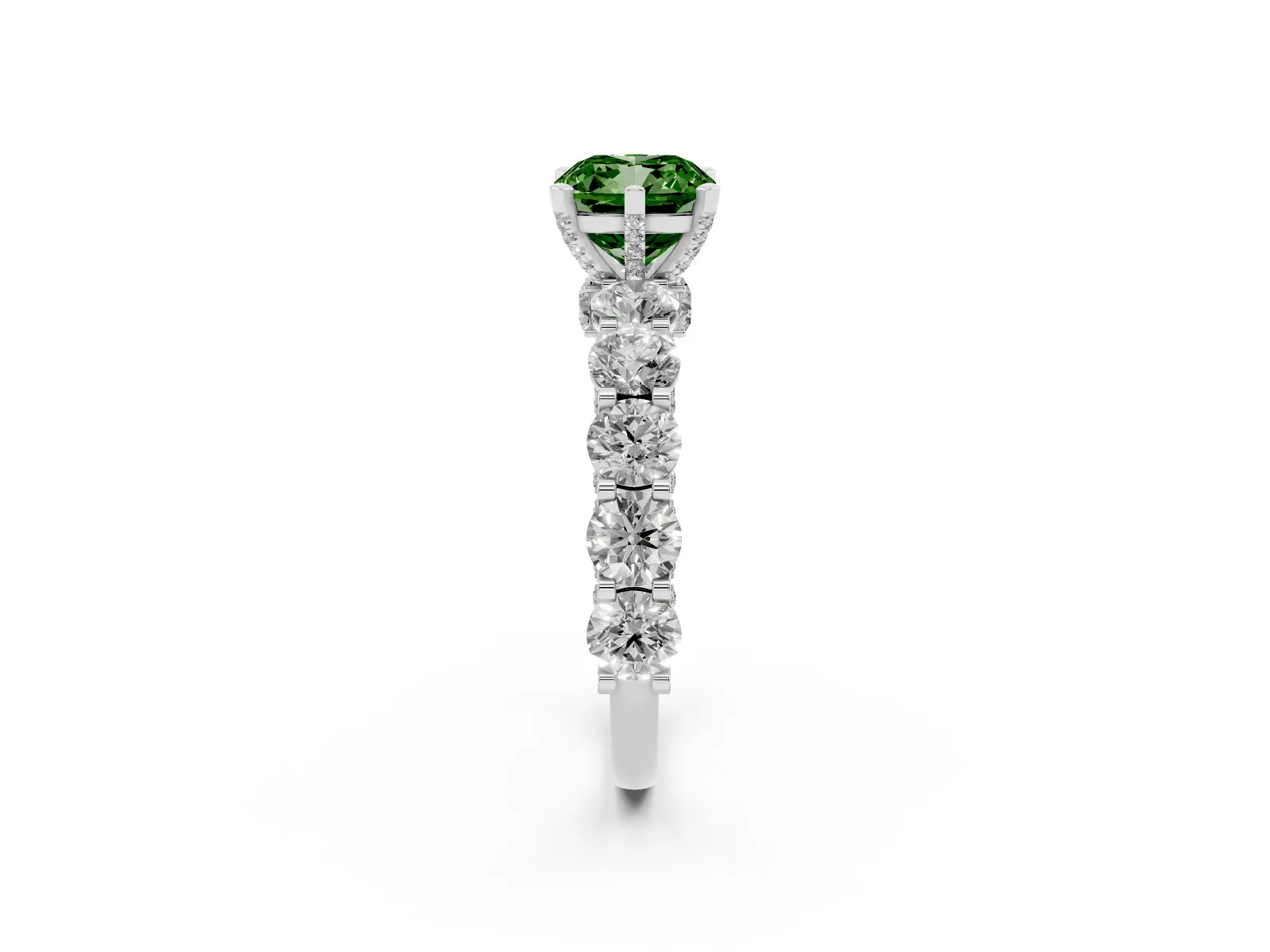 Fancy Green Cushion Cut Diamond Side Stone Engagement Ring with Four-Prong Setting White gold