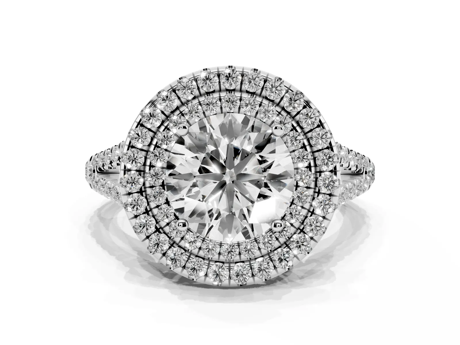 Round Cut Diamond Double Halo Ring with Pavé Band and Prong Setting Platinum
