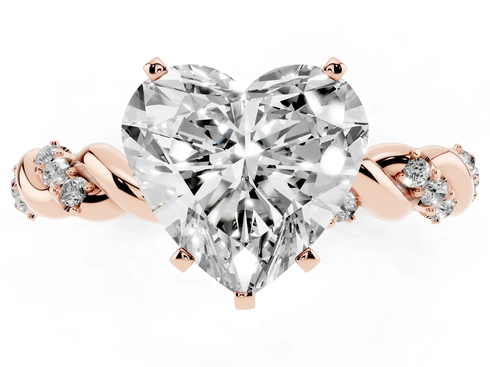 Heart Cut Diamond Solitaire Ring with Twisted Band and Pavé Accents Rose gold