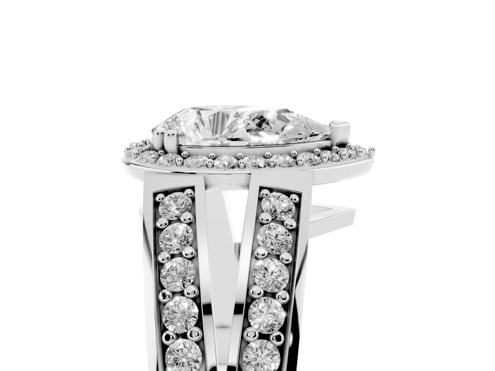 Pear Cut Diamond Halo Ring with Split Shank Pavé Band and Four-Prong Setting Platinum